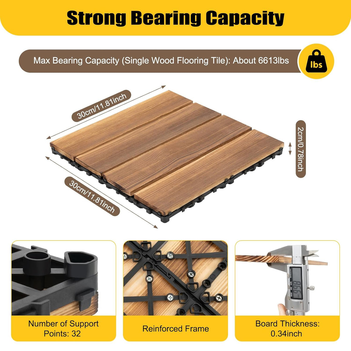 36Pcs 12x12 Inch Hardwood Interlocking Deck Tiles, All-Weather Waterproof Outdoor Flooring for Patio, Sun Terrace & Living Room (Brown)