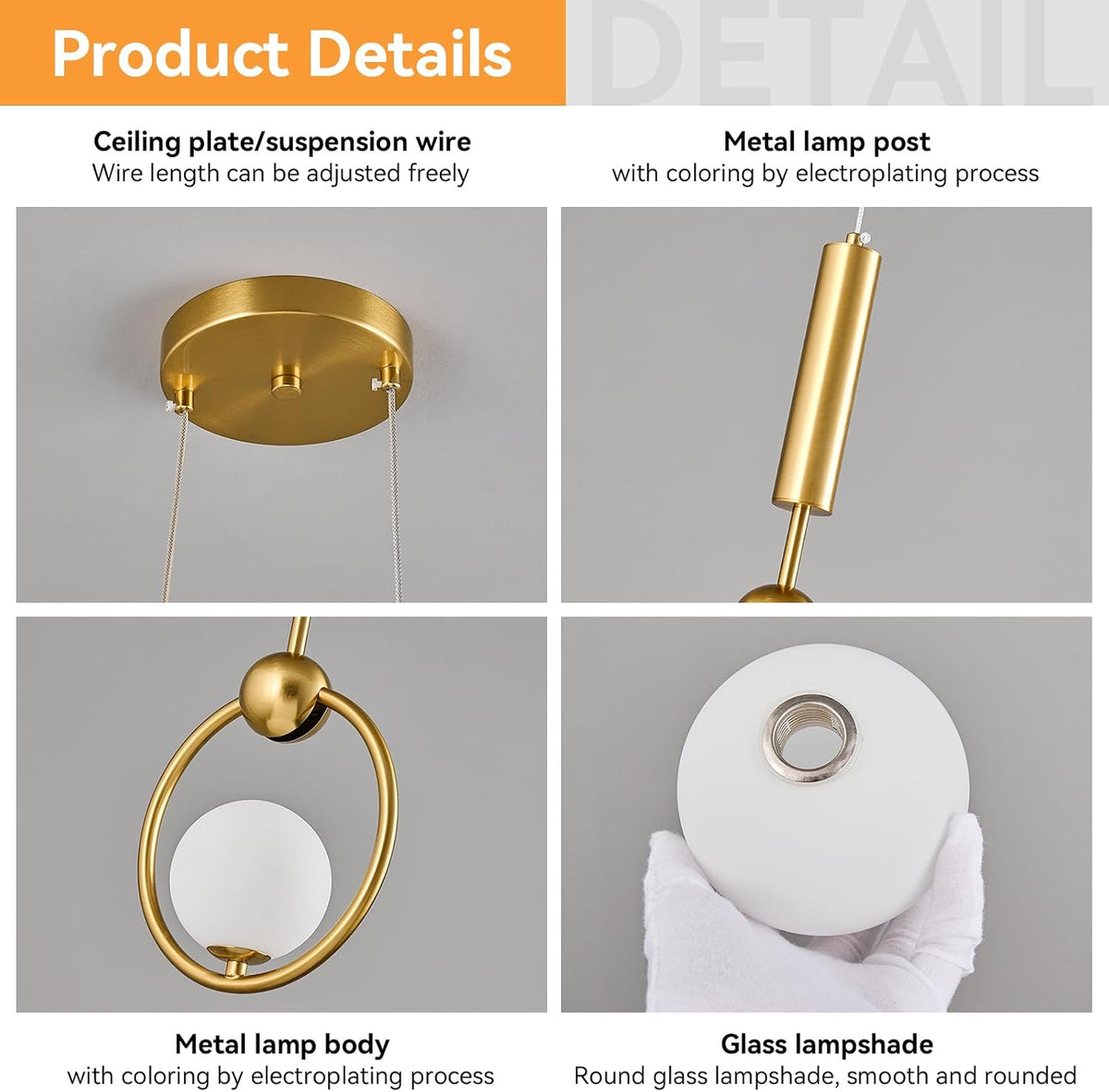 Modern Globe Glass Pendant Light fixtures 2-Light, Simplicity Gold Pendant Lighting, Mid Century Chandelier for Kitchen Island Dining Room Bedroom Entryway Hallway