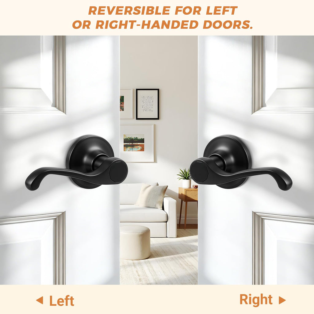 2026 New 6Pack Scroll Passage Door Lever, Matte Black Interior Door Handle, Easy Install & Closet Door, No Lock