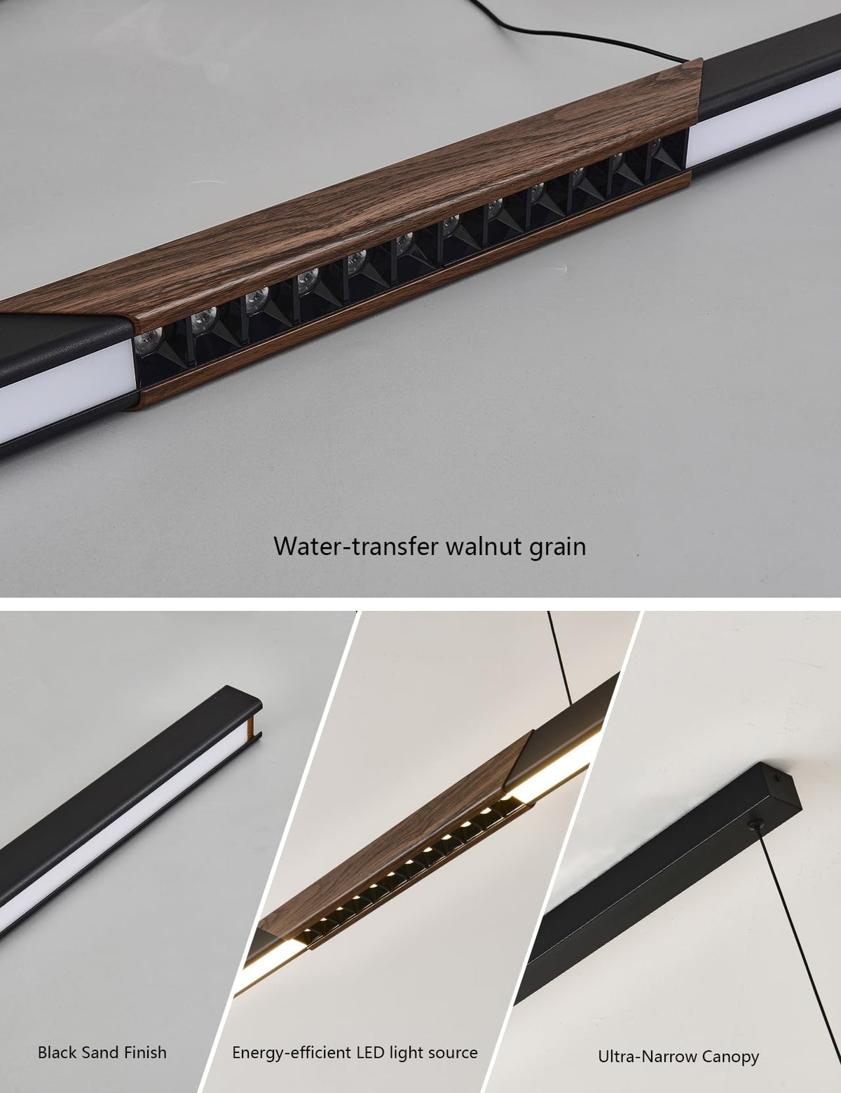 94′′ Black Linear Pendant Light - Dimmable High Output LED, Modern Black Finish with Walnut Wood Grain Accent, 8ft