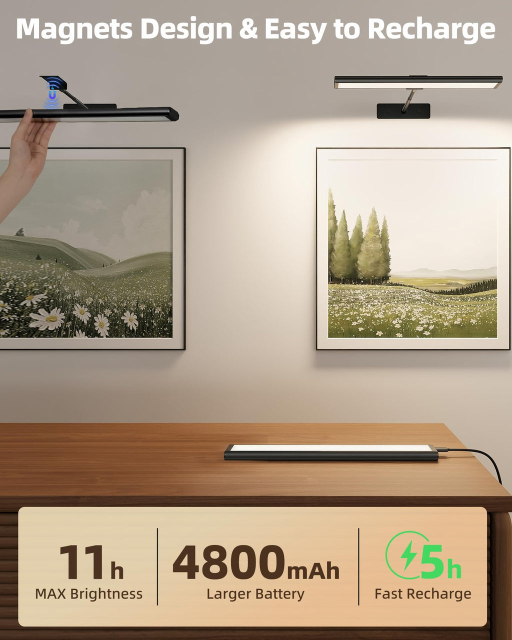 Picture Light for Wall, 4800mAh 16'' Rechargeable Wireless IR Remote Built in Battery Lights for Painting, Dimmable