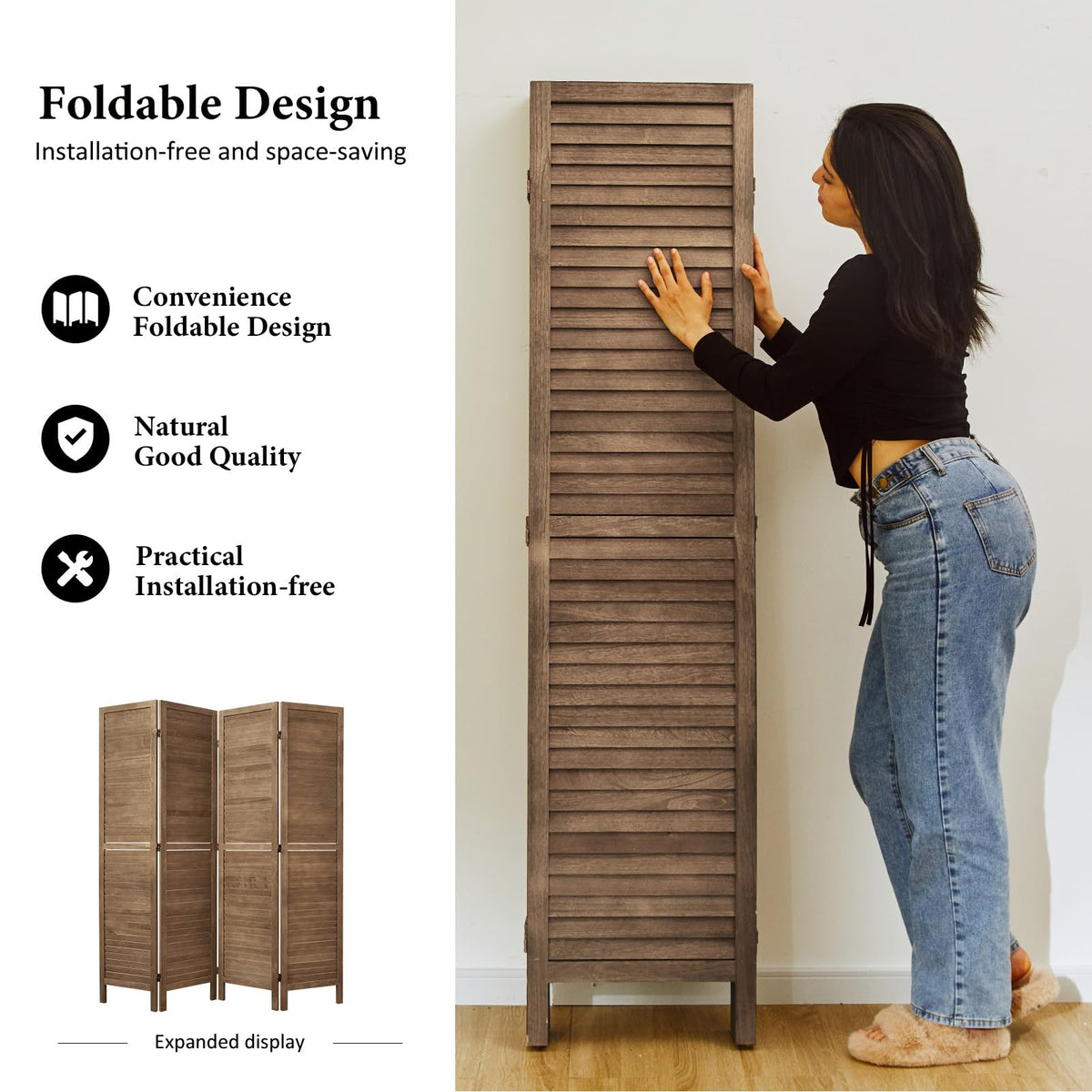 Room Dividers and Folding Privacy Screens, Wood Louvered Separators Divider Wall Bedroom - 4 Panels, 63 * 67inch