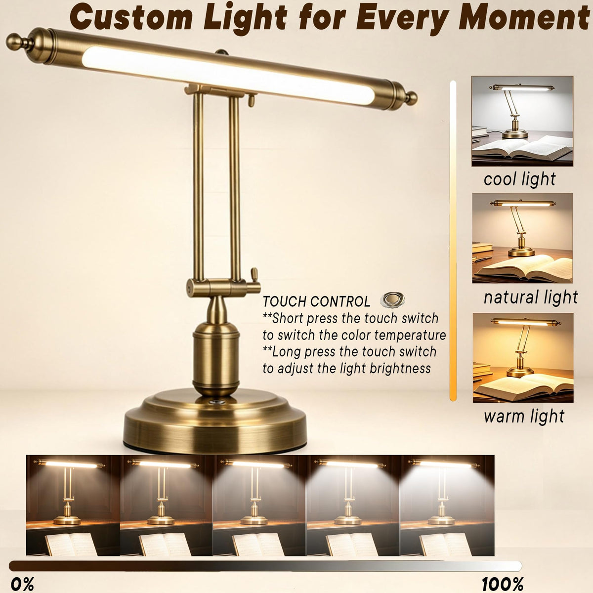 LED Piano Lamp, Antique Brass Touch Control Light for Grand Piano, 3 Color Modes Dimmable LED Desk Lamp, Adjustable