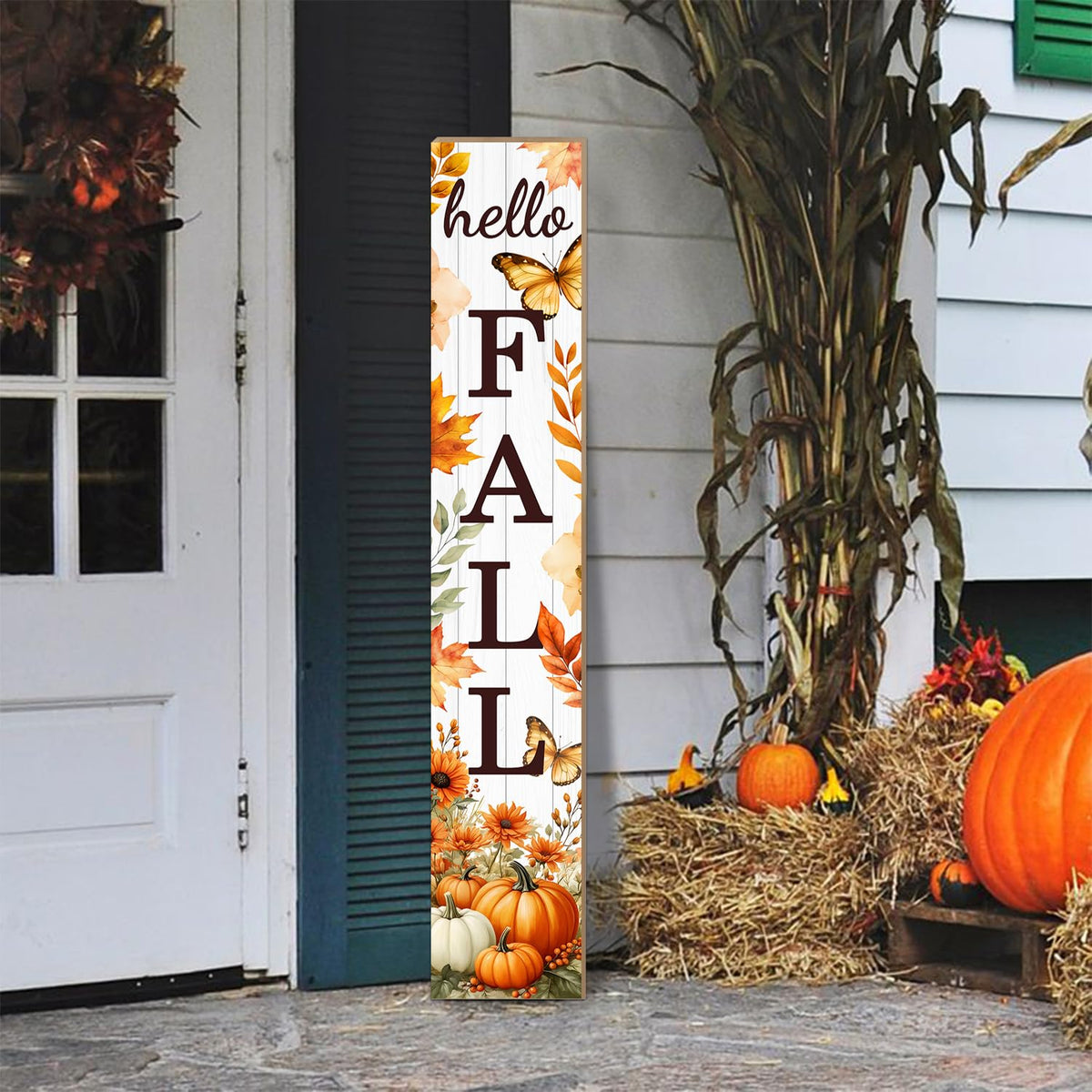 Hello Fall Porch Sign Autumn Pumpkin Maple Leaf Welcome Sign Vertical Standing Sign For Front Porch Decor Farmhouse