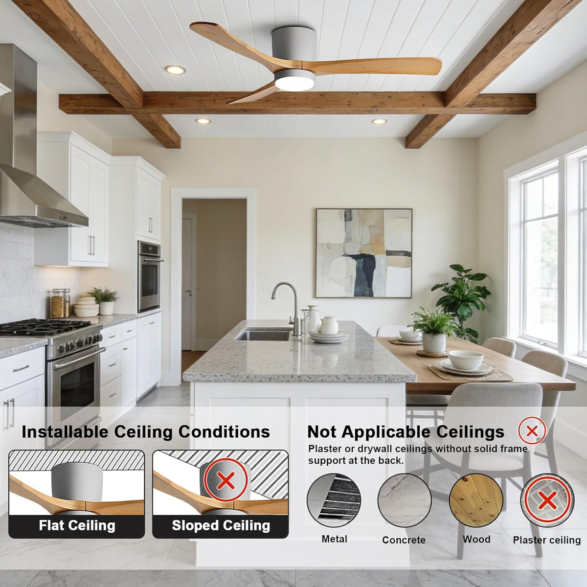 48" Wood Flush Mount Ceiling Fan with Light & Remote