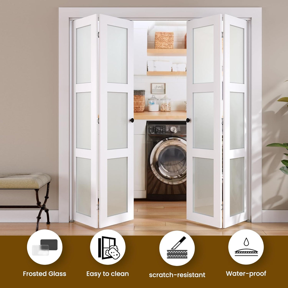 Bifold Door, for 64"x 80" Opening,Tempered Frosted Glass Closet Folding Barn Door with Hardware Kit, Water-Proof PVC