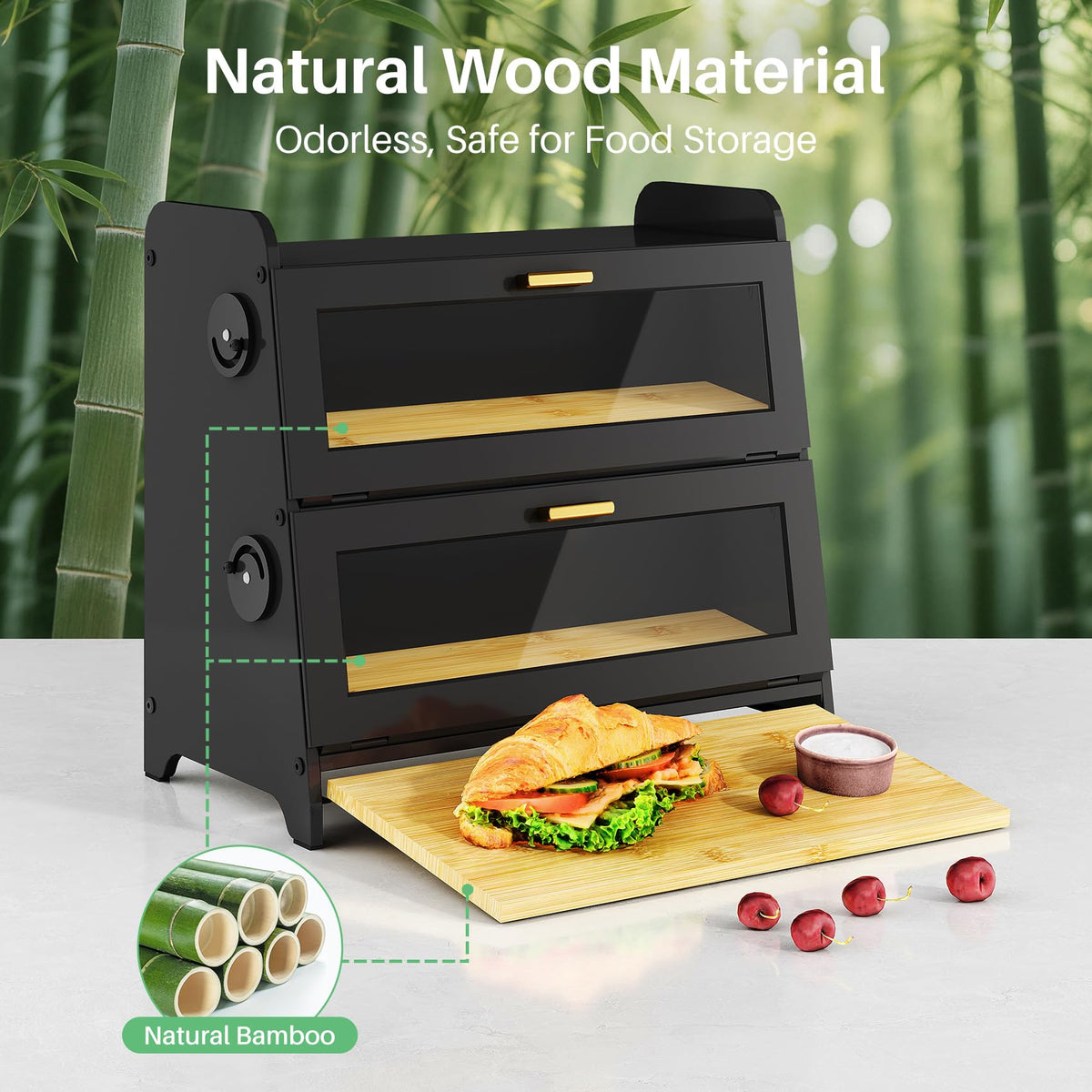 Bread Box - 2 Tier Countertop, Adjustable Ventilation, Black