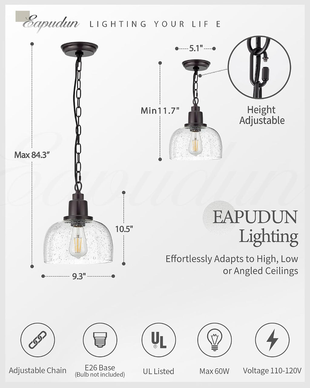 1-Pack Farmhouse Pendant Light, 1-Light Industrial Hanging Light Fixture with 9.3" Round Seeded Glass Shade, Dark