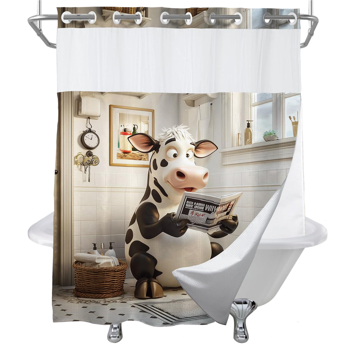 Funky Funny Cow Theme No Hook Waffle Weave Shower Curtain with Snap in Liner Cute Modern Aesthetic Bathroom Decor Set