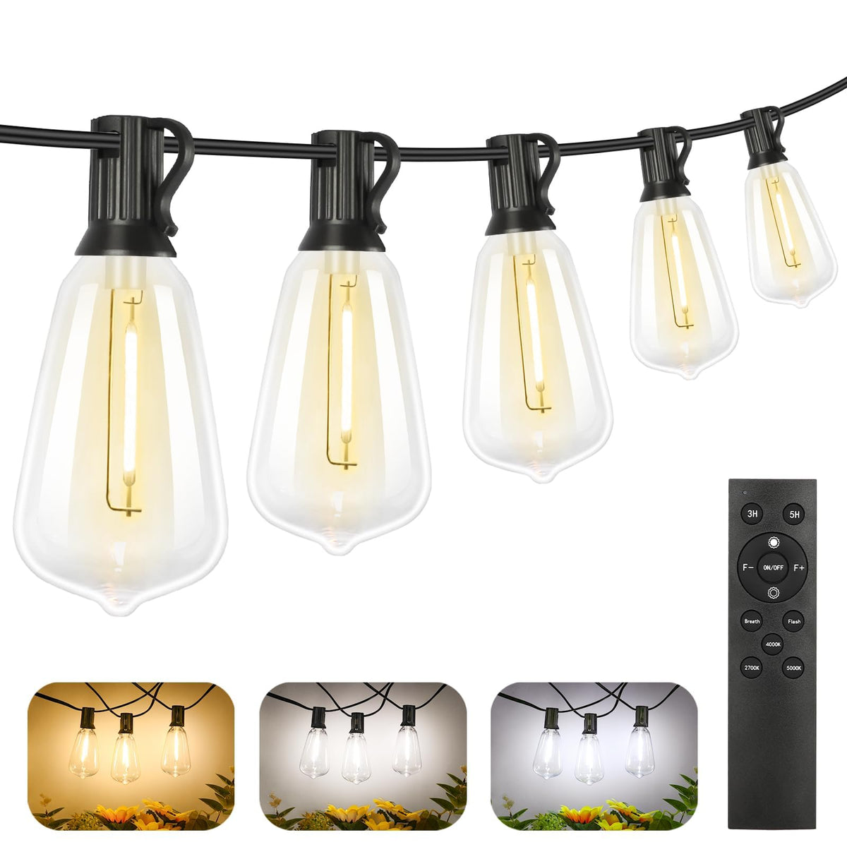 Dimmable Outdoor String Lights with Remote, 3 Colors in 1 LED Patio Light for Outside with 25+1 ST38 Edison Bulbs