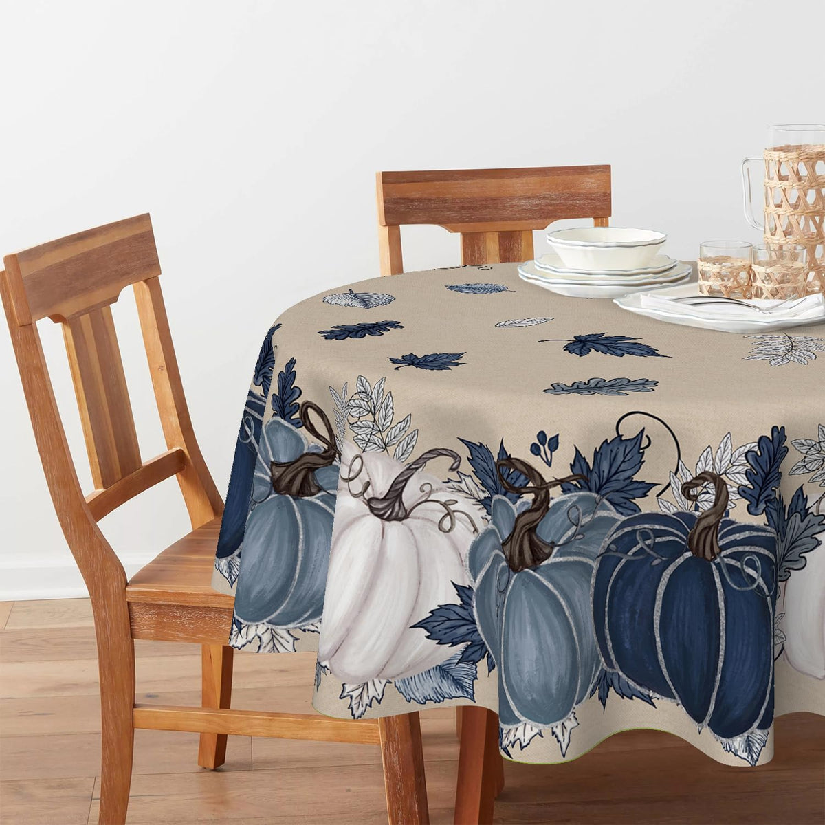Fall Tablecloth 90 x 90 Inch Round Autumn Harvest Blue Pumpkin
