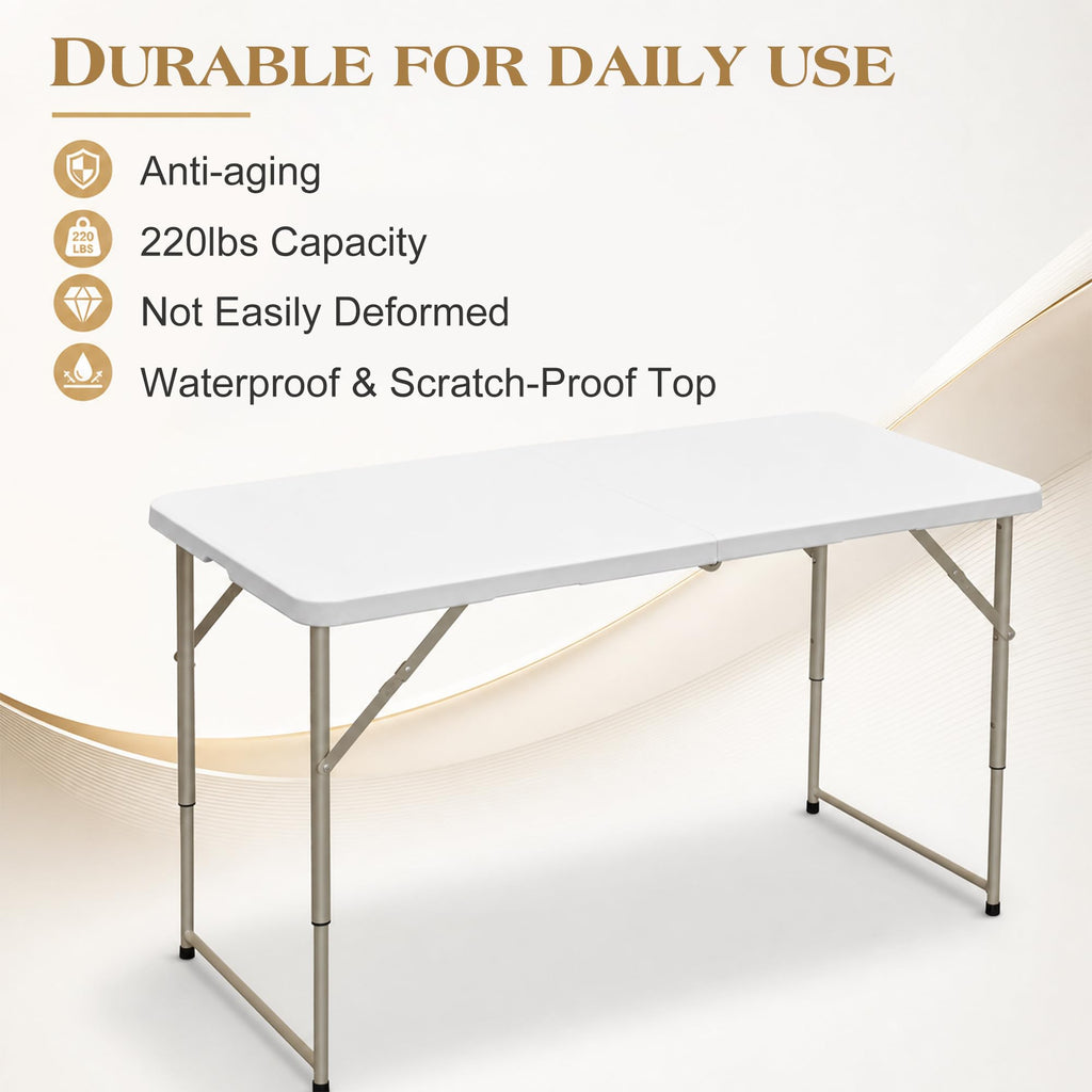 Folding Table 4 Ft, 3 Adjustable Height, Portable w/Handle, White