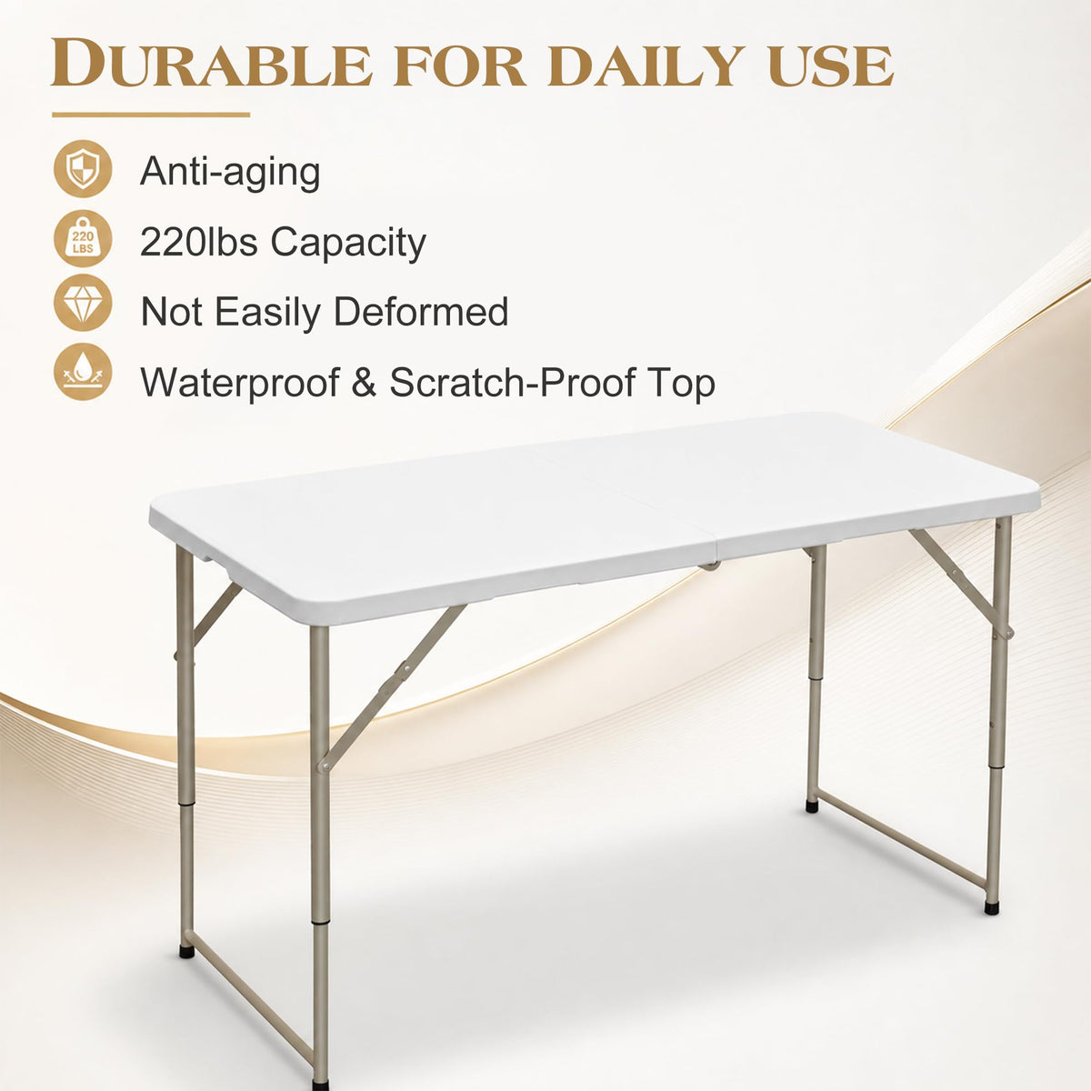 Folding Table 4 Ft, 3 Adjustable Height, Portable w/Handle, White