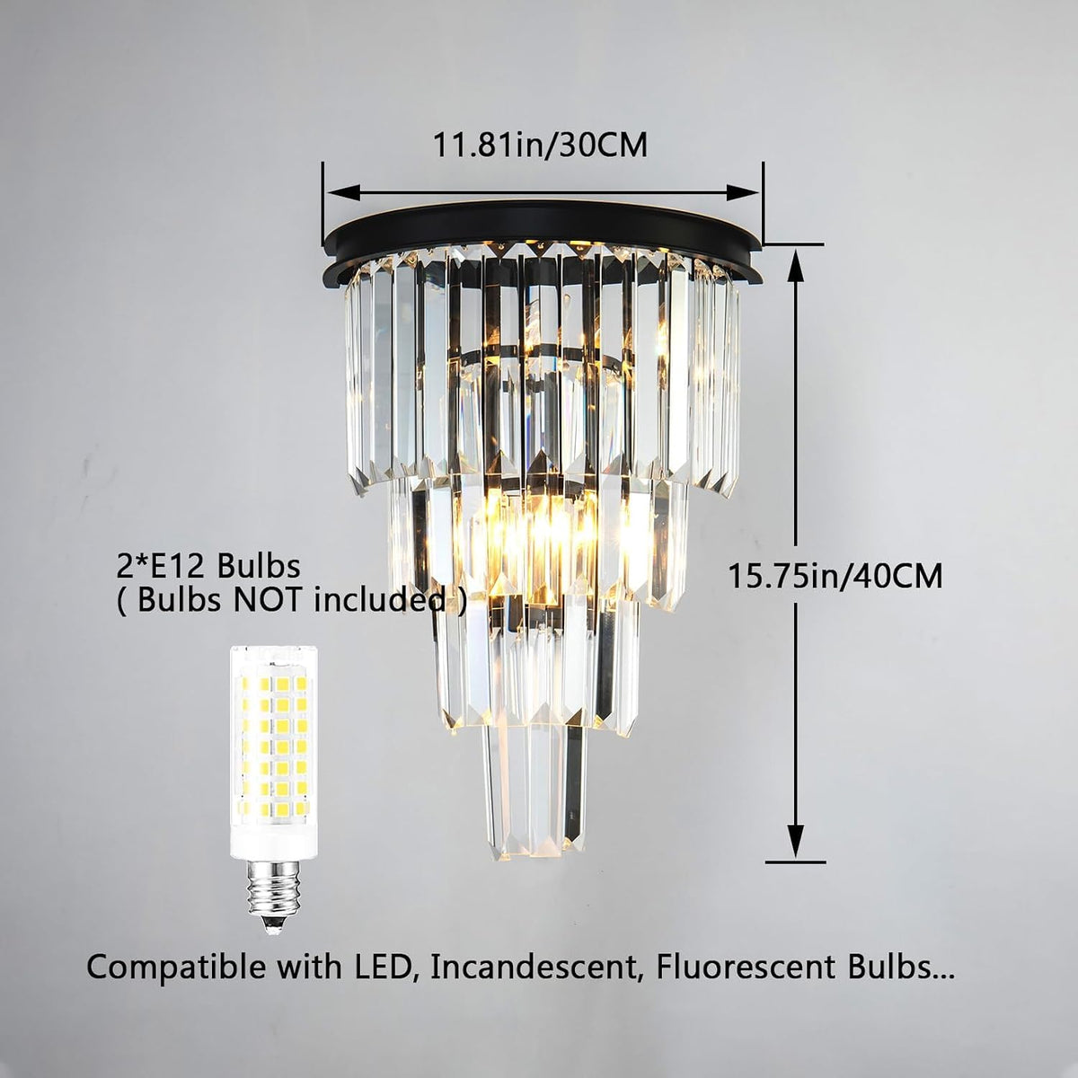 Black Crystal Wall Sconce, Modern 4-Tiers K9 Clear Crystal Wall Light Bedside Wall Mount Lamp for Living Room Bedroom