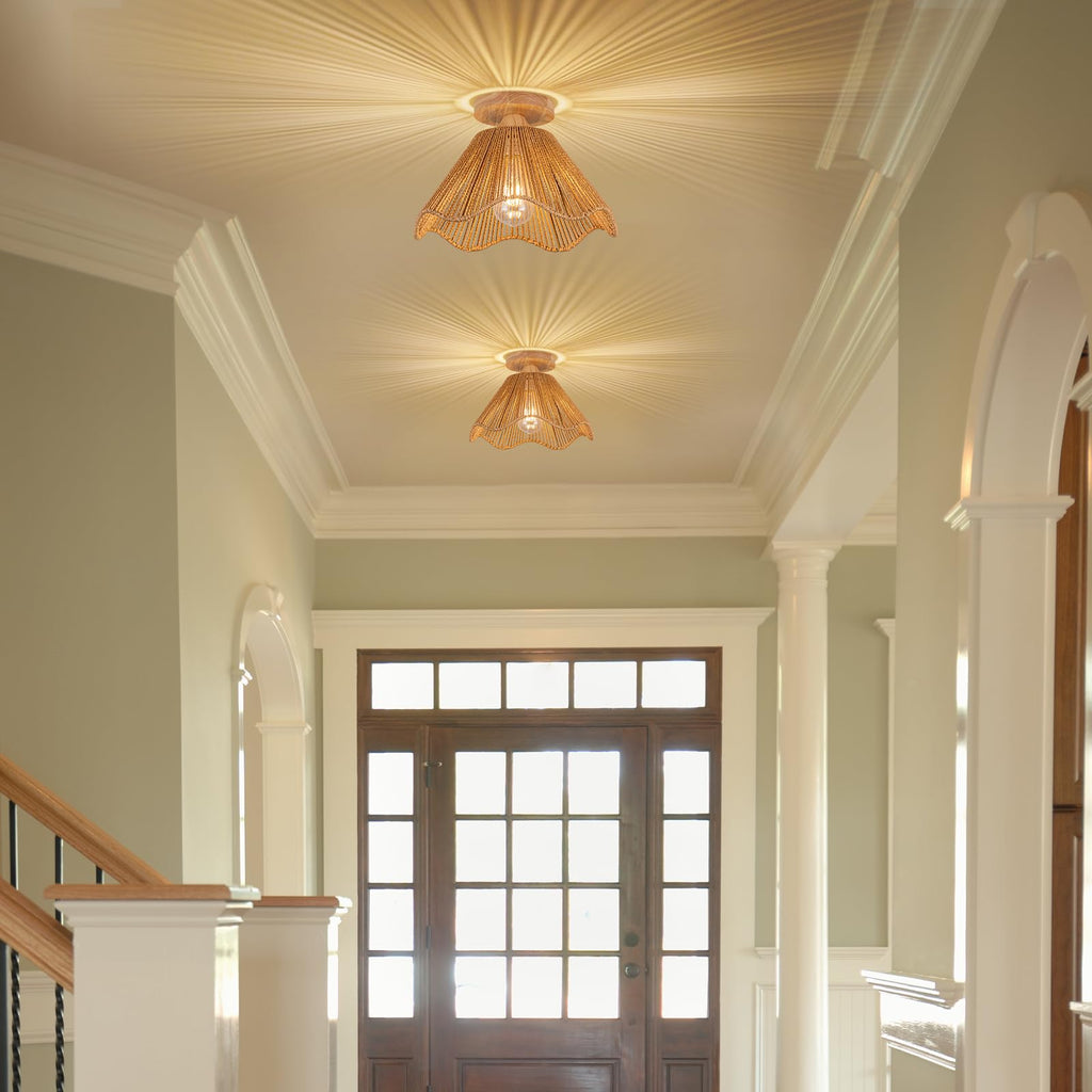 D12.5 Inch Boho Light Fixtures Ceiling Mount Boho Rattan Ceiling Light Flush Mount Mini Chandelier Bedroom Hallway
