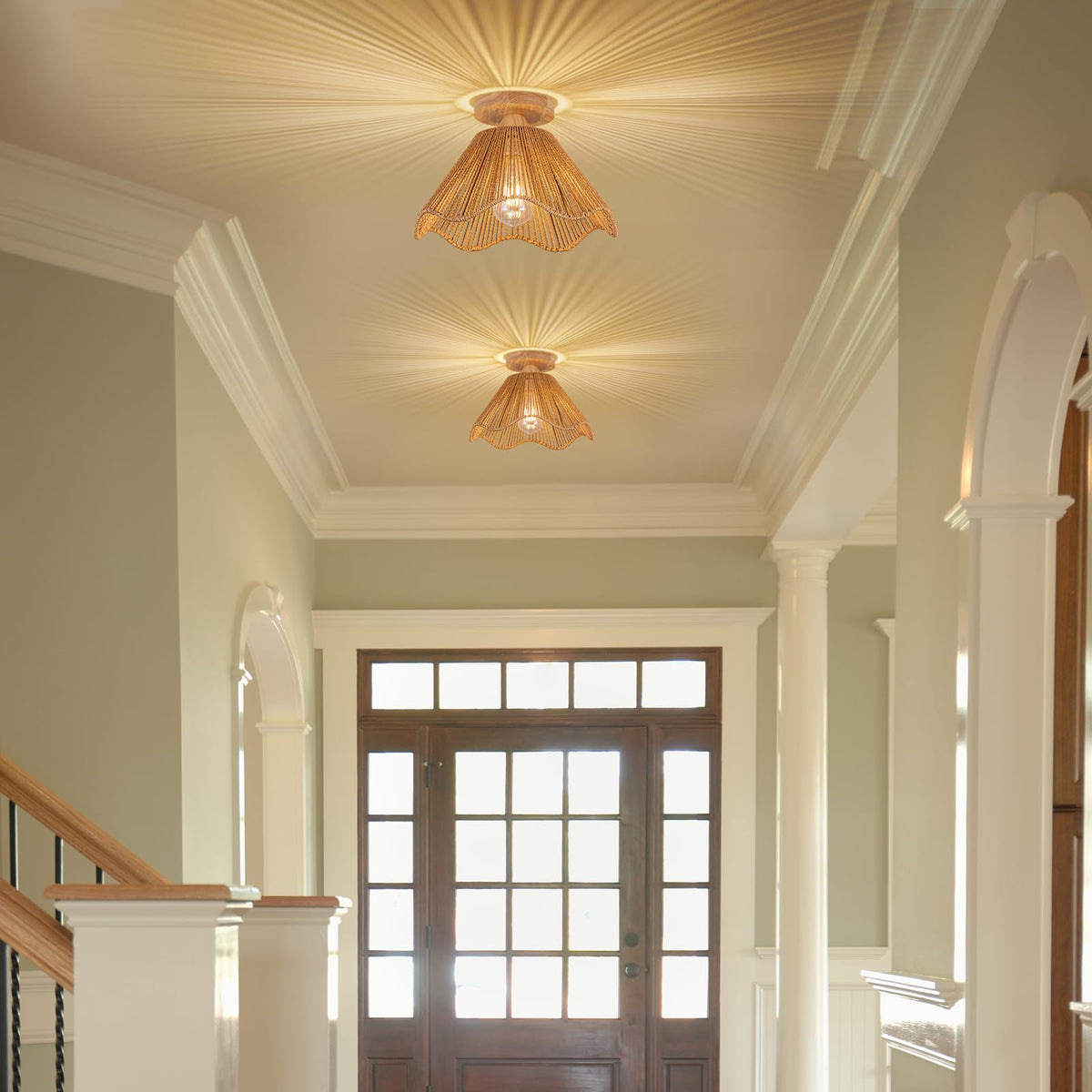 D12.5 Inch Boho Light Fixtures Ceiling Mount Boho Rattan Ceiling Light Flush Mount Mini Chandelier Bedroom Hallway