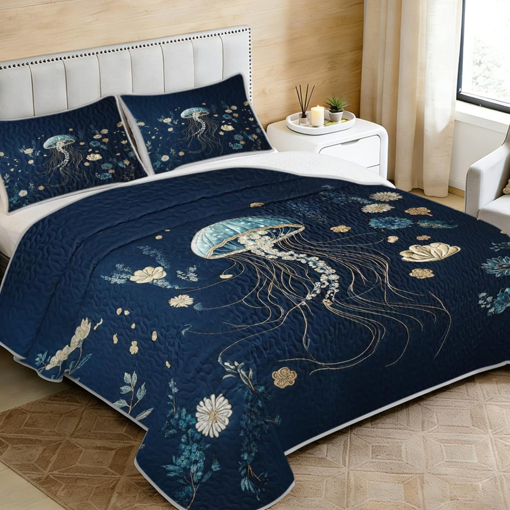 Ocean Jellyfish Quilt Set Navy Blue Floral Sea Life Bedding with Artistic Jellyfish Print for Modern Coastal Bedroom