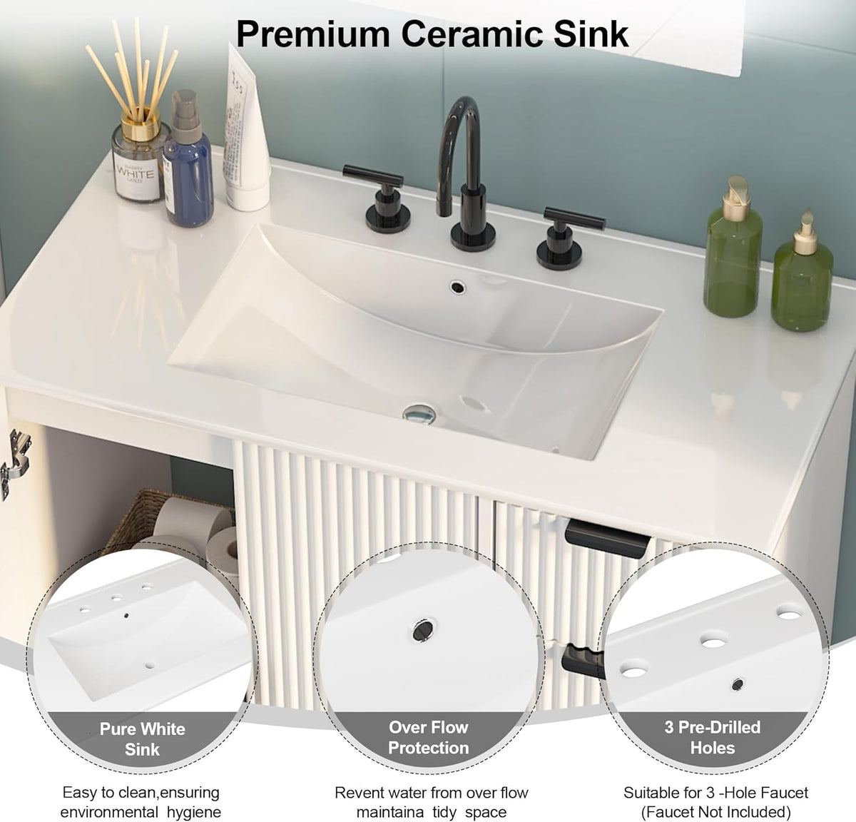 Freestanding Bathroom Vanity with Ceramic Sink, Large Storage Cabinet with Drawers