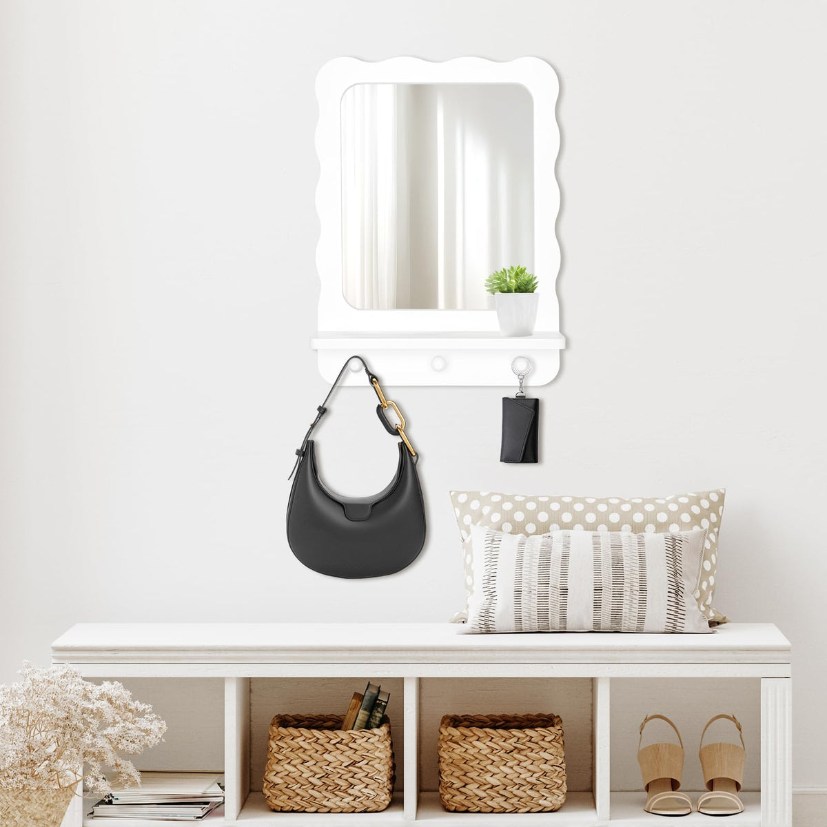 Wood Wall Mount Mirror with Shelf and 3 Hooks, 16 x 12 Inch Modern Scallop Decorative Entryway Mirror, Vanity, White