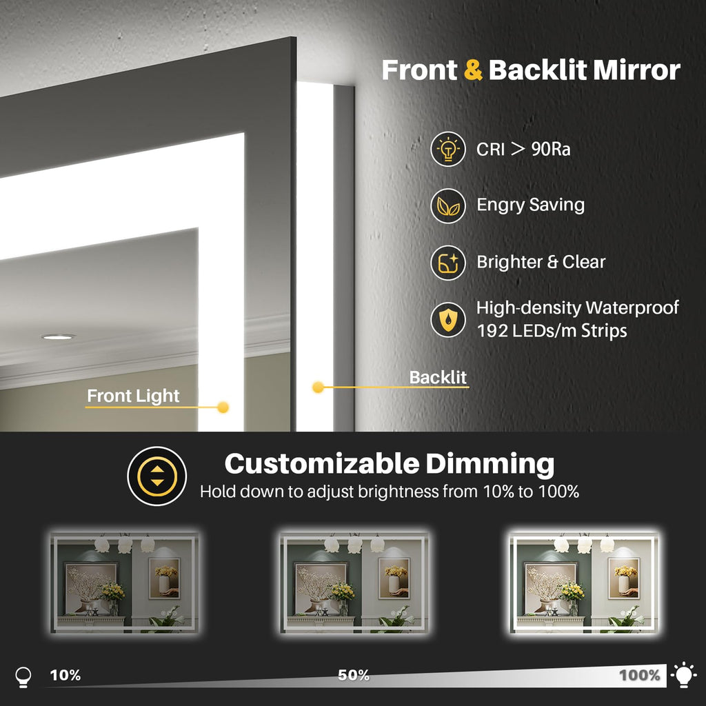 40x24 Inch LED Bathroom Mirror with Lights, Backlit & Front Lit