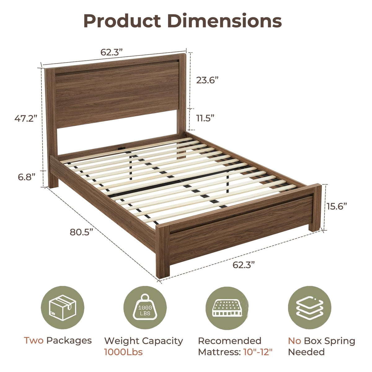 Bed Frame with Headboard, Modern Farmhouse -Size Bedframe with Wood Slat Support, Sturdy Simple Wood Bed
