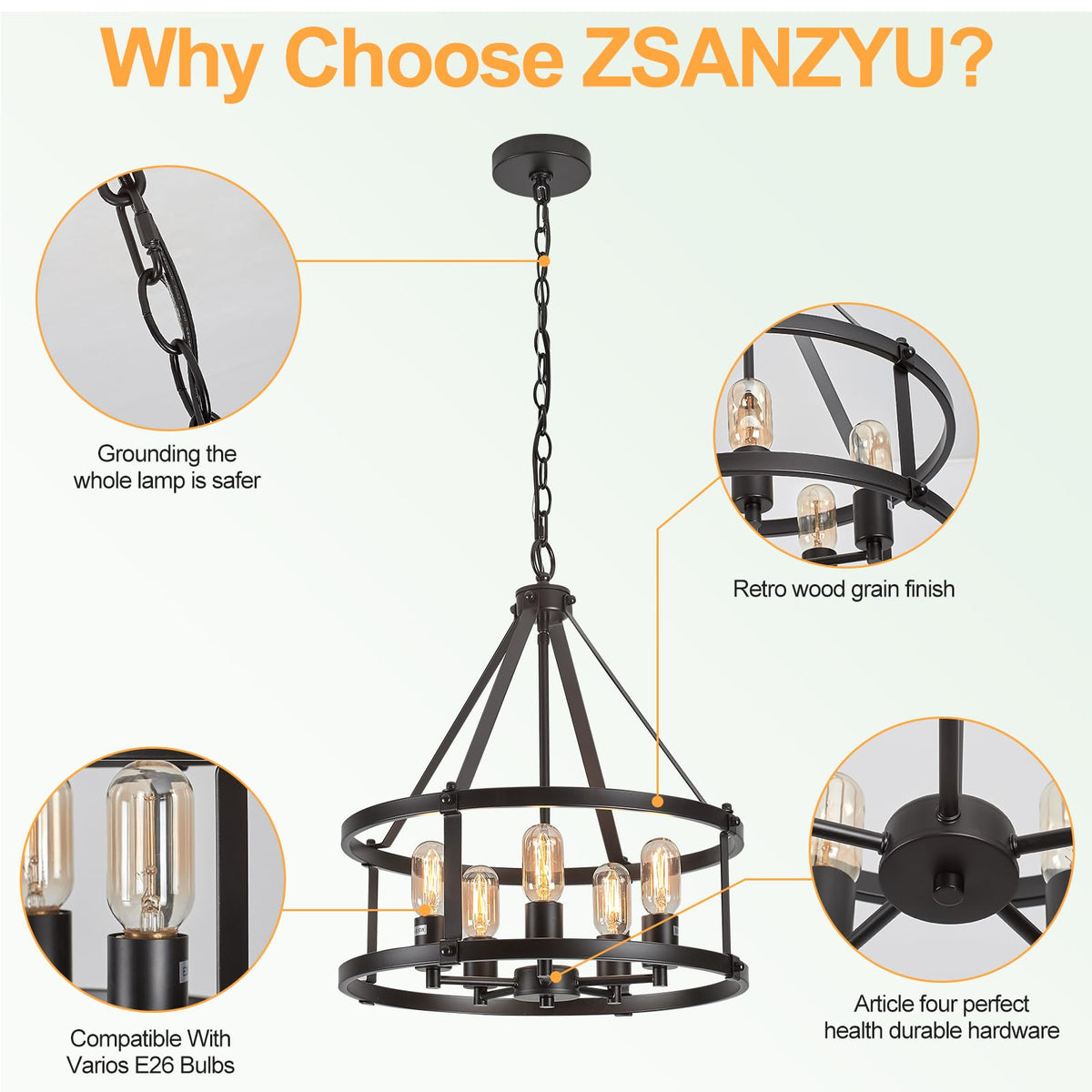 17.7''Farmhouse Black Chandelier, 5-Light Adjustable Height Industrial Hanging Lights E26 Base, Rustic Drum Pendant
