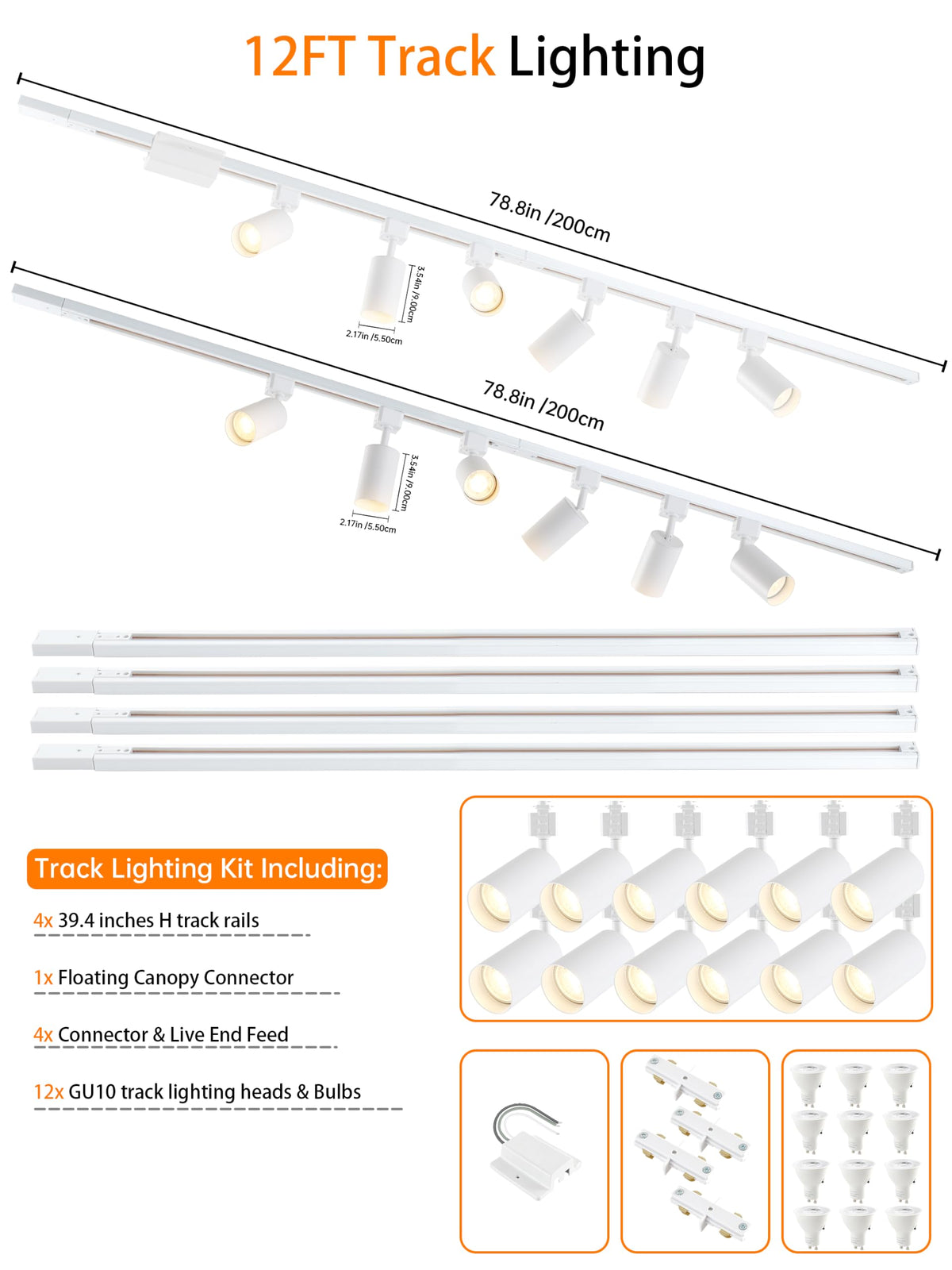 LED Track Lighting Kit with 12FT H Type Rail 12Light White