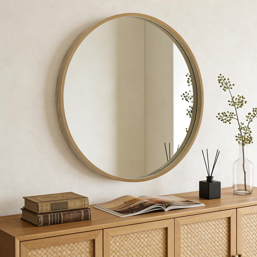 Round Wood Mirror, 36" Round Modern Decoration Large Circle Wall Mirror Living Room Bedroom Entryway, Natural
