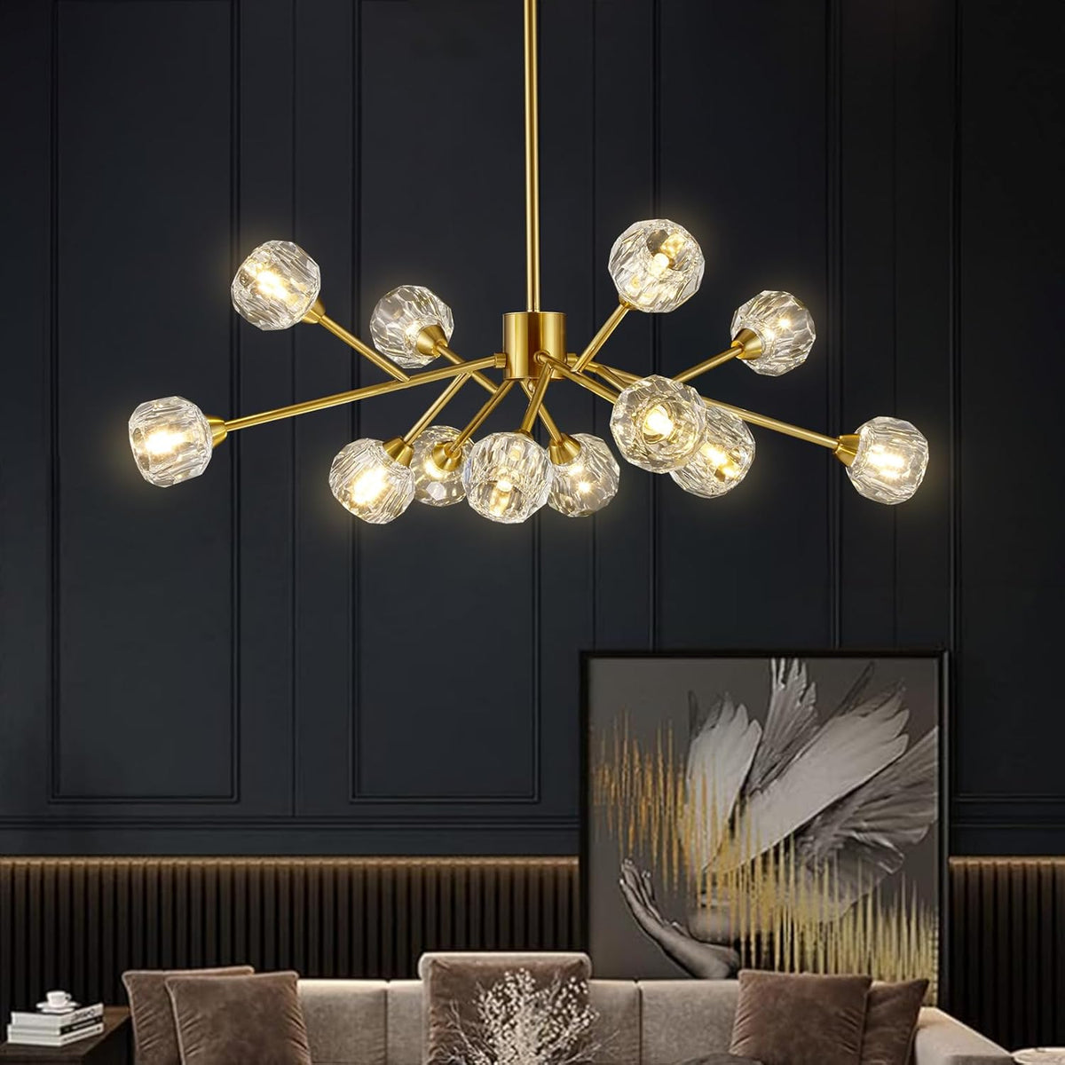 Sputnik Chandeliers Modern Crystal Pendant Lighting Gold Chandelier 12 Lights Mid Century Ceiling Light Fixtures for Dining Room Kitchen Island Living Room Bedroom Bar