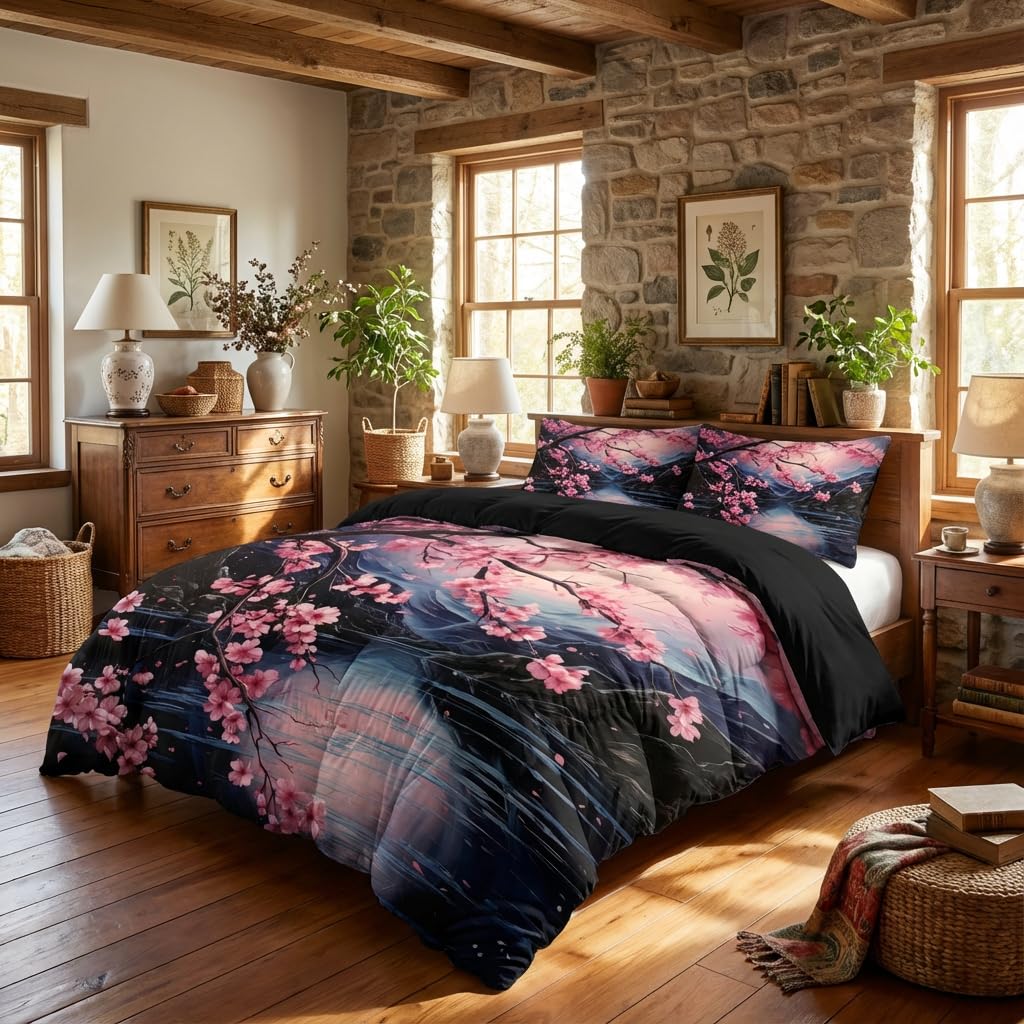 Cherry Blossoms Bedding Set Queen Size, Black Pink Japanese Comforter Set for Girls, 3Pcs Soft Microfiber Quilted Set