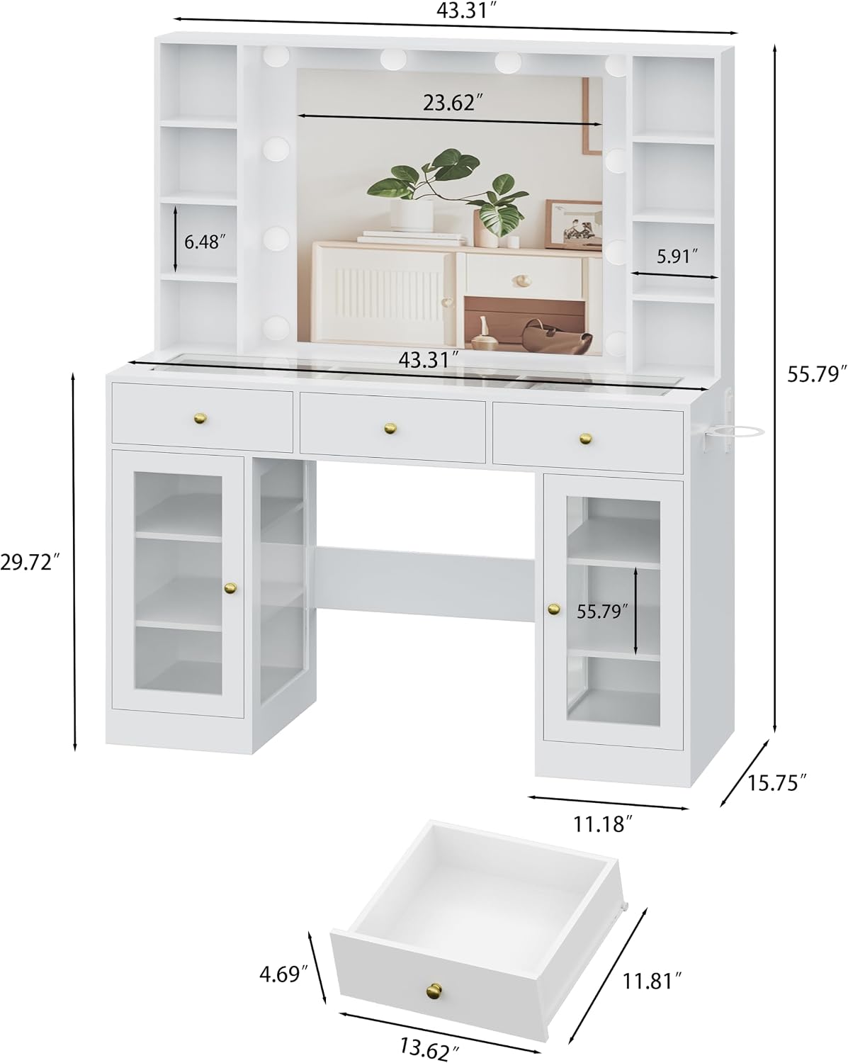 White Vanity Desk with Mirror and Lights, Glass Top Vanity with Lighted Mirror & RGB Glass Cabinet and 3 Drawers