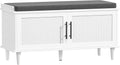 Rattan Shoe Storage Bench with Cushion, 2-Tier Entryway Bench with Adjustable Shelves and 2 Doors, 15" D x 39.4" W x