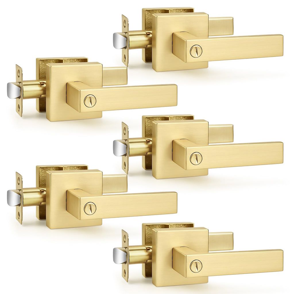 Interior Privacy Door Handles 5 Pack, Gold Bed & Bath Zinc Alloy Door Levers with Lock, Reversible for Right & Left