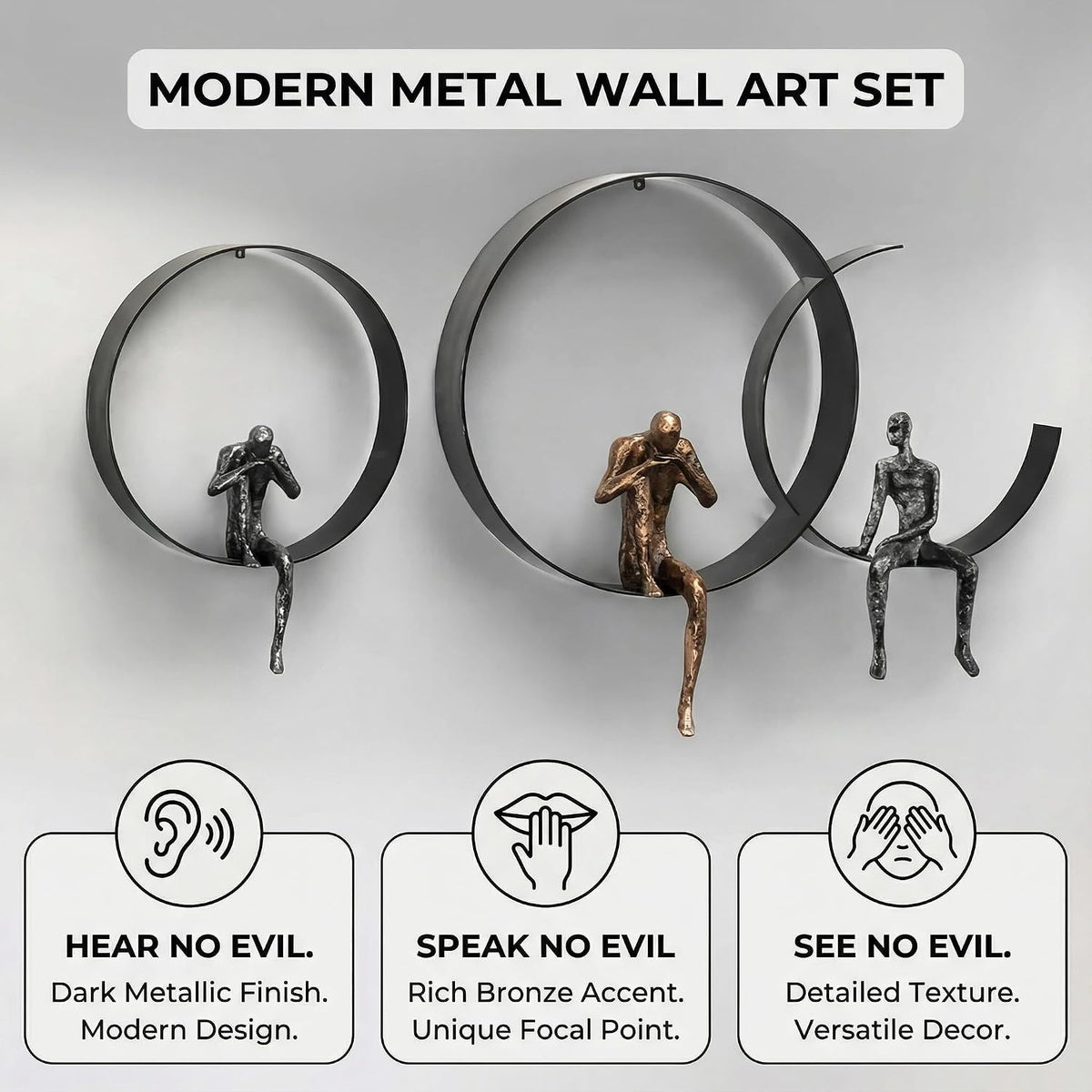 Wall Decor, Metal & Resin 3D Wall Art, Minimalist Modern Art Work Ornaments, Thinker Wall Sculpture Bedroom Kitchen - Set of 3