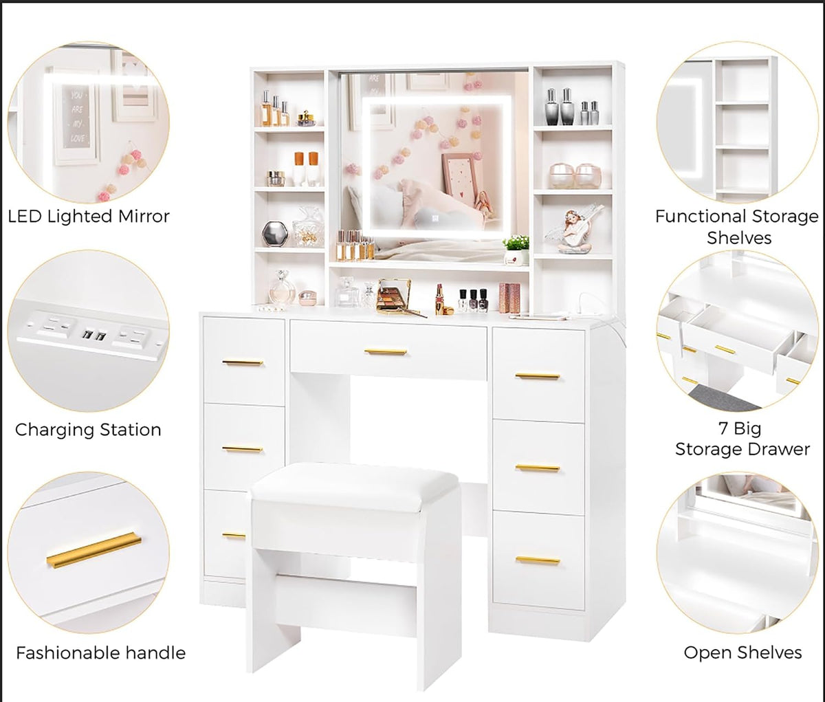 39.4" White Vanity Desk with Lighted Mirror & Adjustable Lights | Girls Makeup Vanity Set with Charging