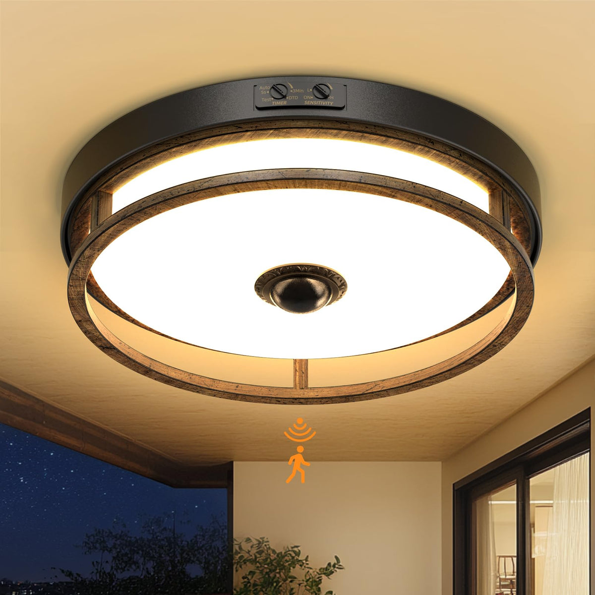 Motion Sensor Outdoor Ceiling Light, Outdoor Flush Mount LED Farmhouse Ceiling Light Fixtures, 12" Dusk to Dawn Porch