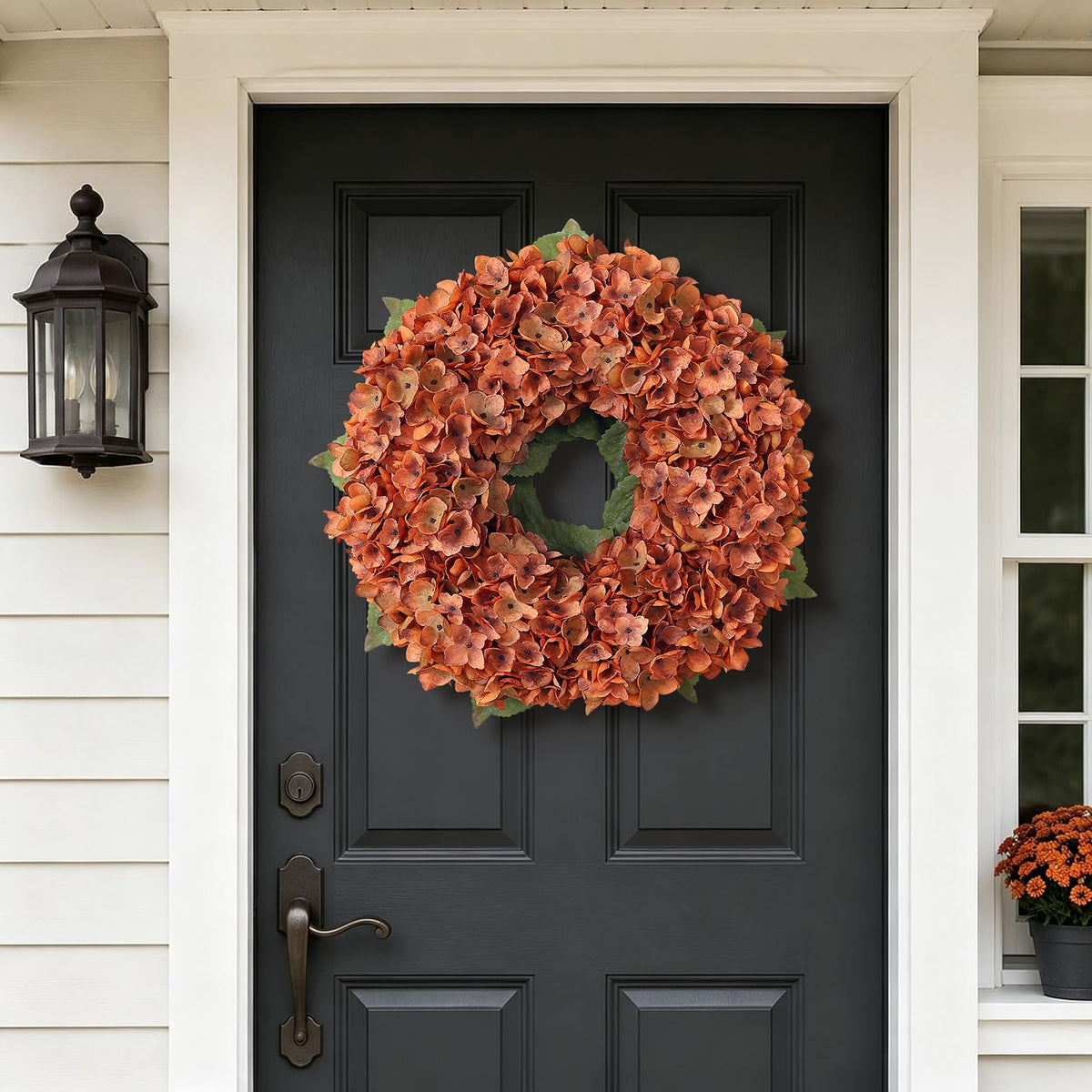 21" Artificial Fall Hydrangea Flower Wreath for Front Door Decor(Orange)