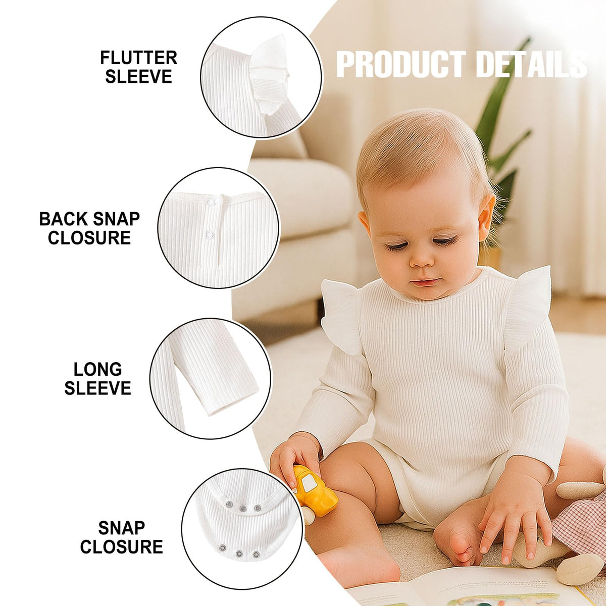 Baby Girl Bodysuit 2 Pack, Long Sleeve Ribbed Knitted Onsies Ruffle Collar and Flutter Sleeve Fall Winter
