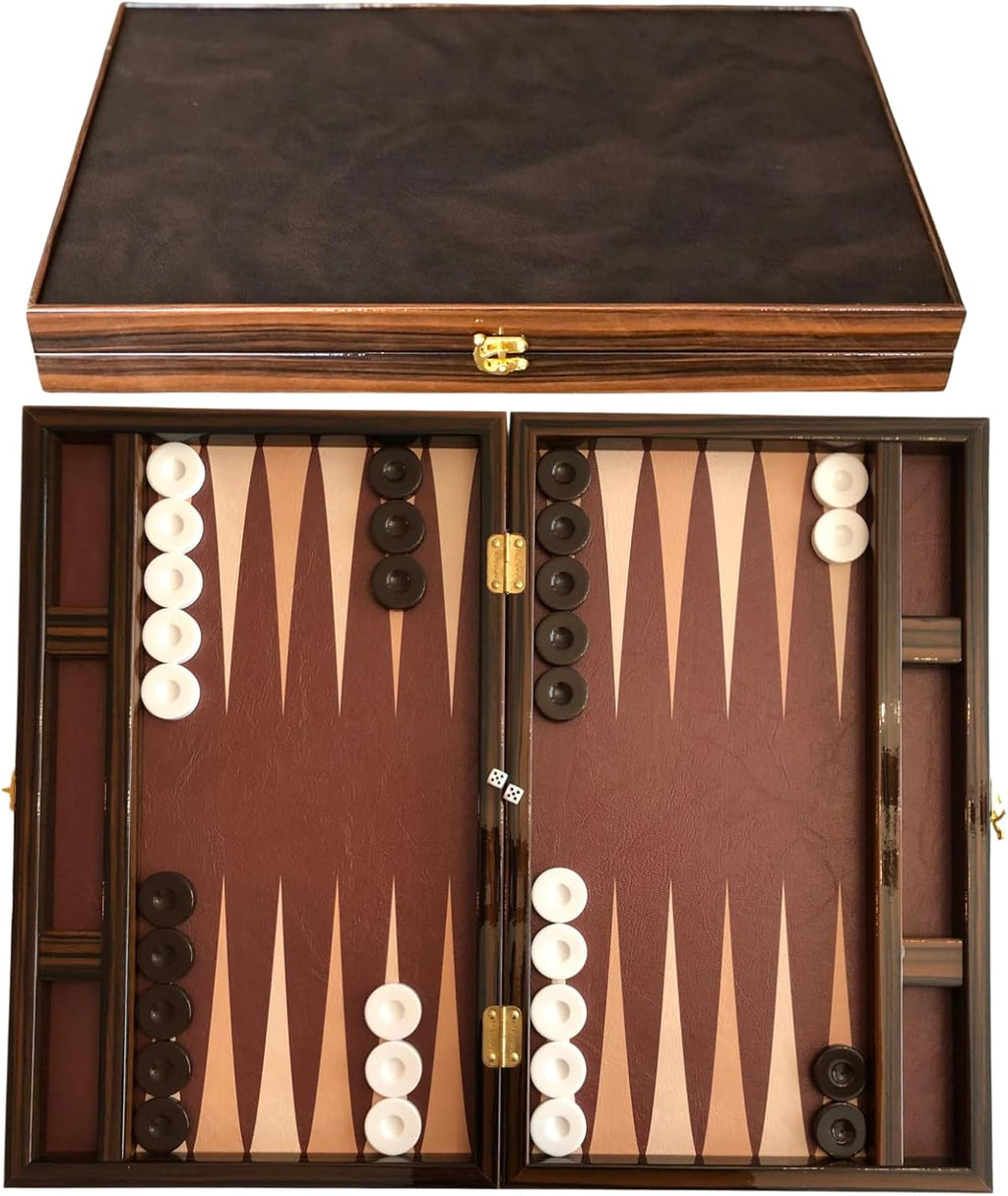 Luxury Turkish Backgammon Set for Adults, XXL 19 Inch Handcrafted Ebony Wood & Vintage PU Leather Backgammon Board