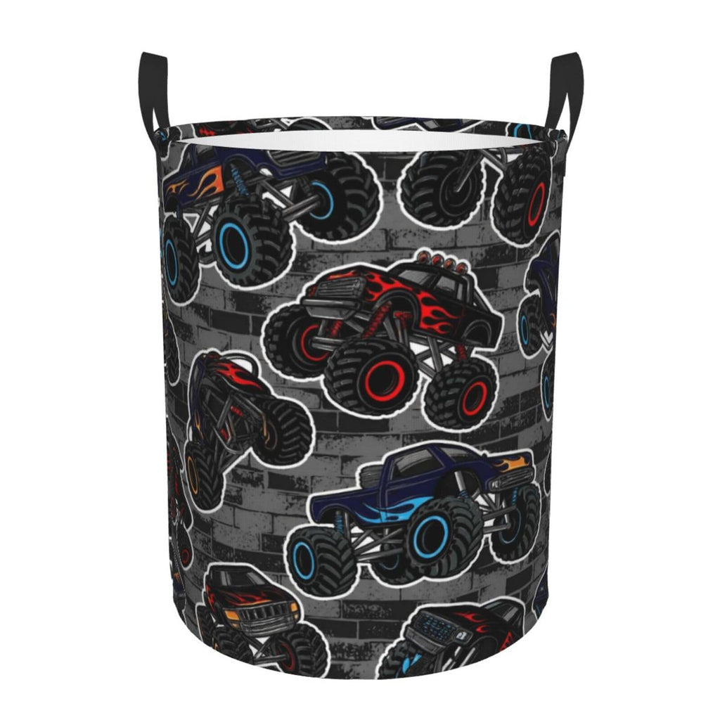 Monster Truck Boys Style Round Laundry Hamper Storage Basket Toys Clothes Organizer Bin Bathroom Bedroom Dorm