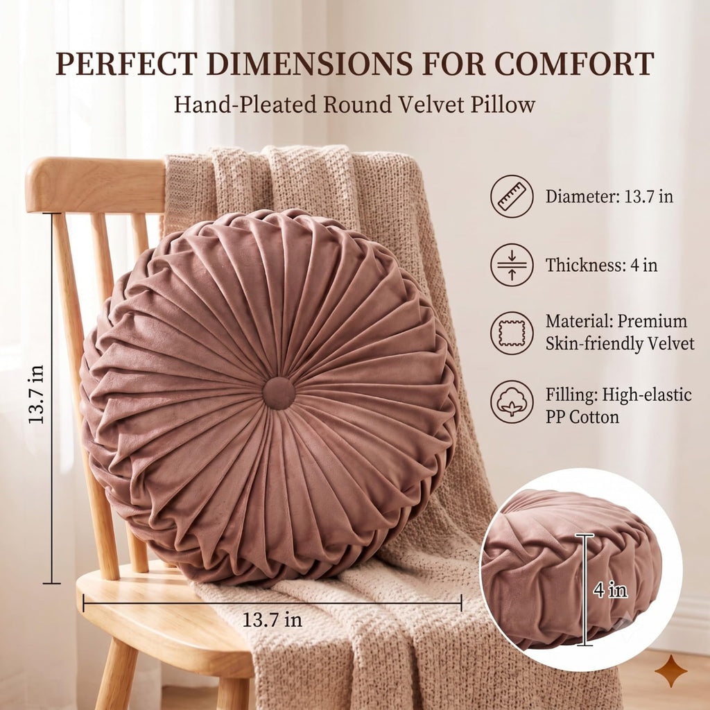Round Velvet Pillow for Couch Small Handmade Decorative Throw Pillow for Bed Bedroom 13.7" Light Brown