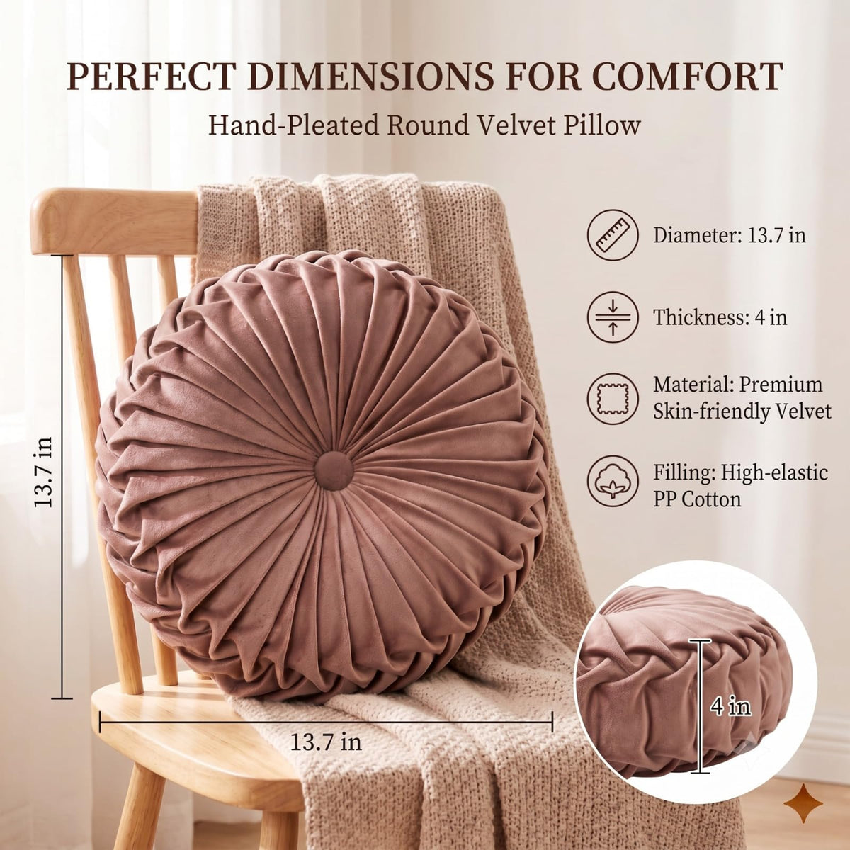 Round Velvet Pillow for Couch Small Handmade Decorative Throw Pillow for Bed Bedroom 13.7" Light Brown