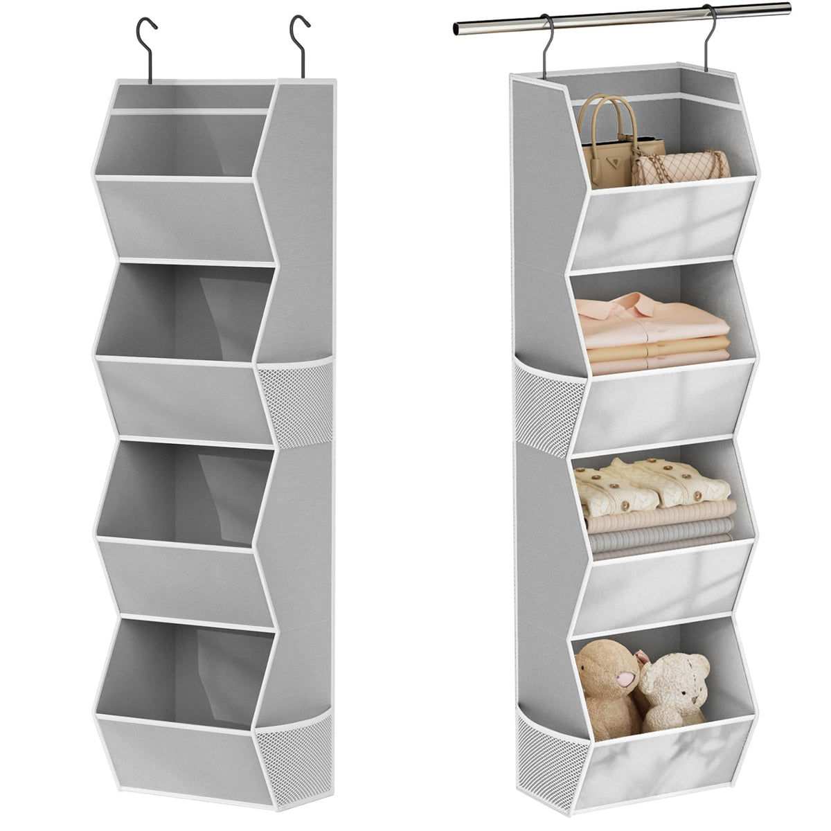 Closet Organizers and Storage Hanging with Mesh Pockets for Clothes, Grey