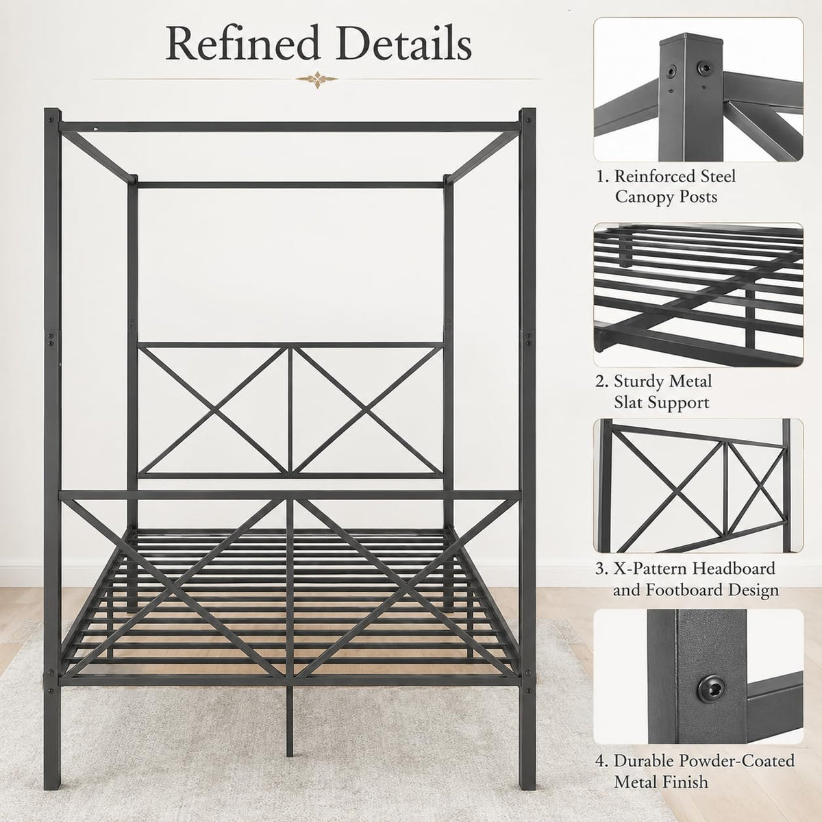 Canopy Bed Frame with Headboard & Footboard, Black Vintage Metal Canopy Platform Bed 14 Inch Platform, No