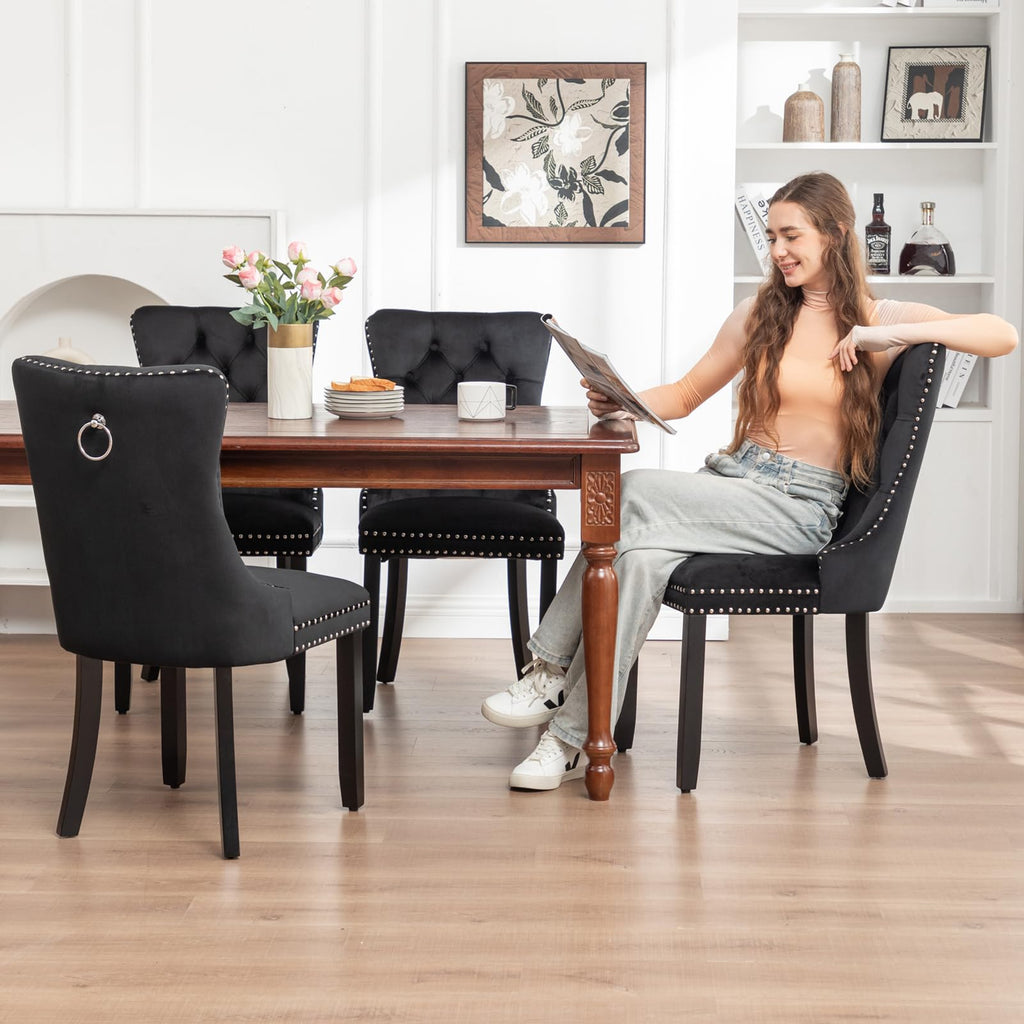 Velvet Dining Chairs, Tufted Kitchen & Dining Room Chairs, Black, Set of 4