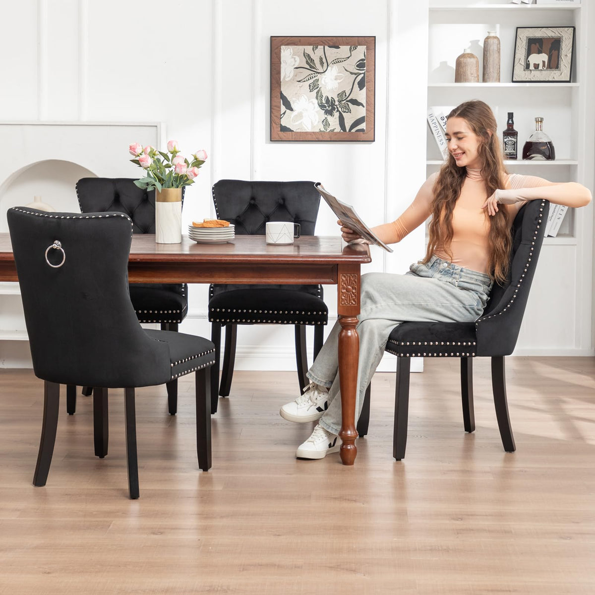 Velvet Dining Chairs, Tufted Kitchen & Dining Room Chairs, Black, Set of 4