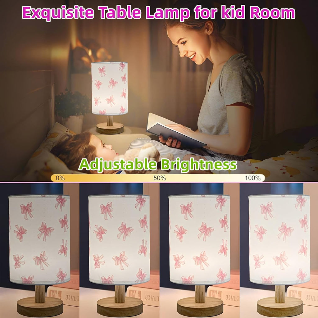 Pink Bow Bedside Table Lamp,Kids Room Decorative Lights 3 Colors Dimmable Nightstand Night Light with Flaxen Fabric