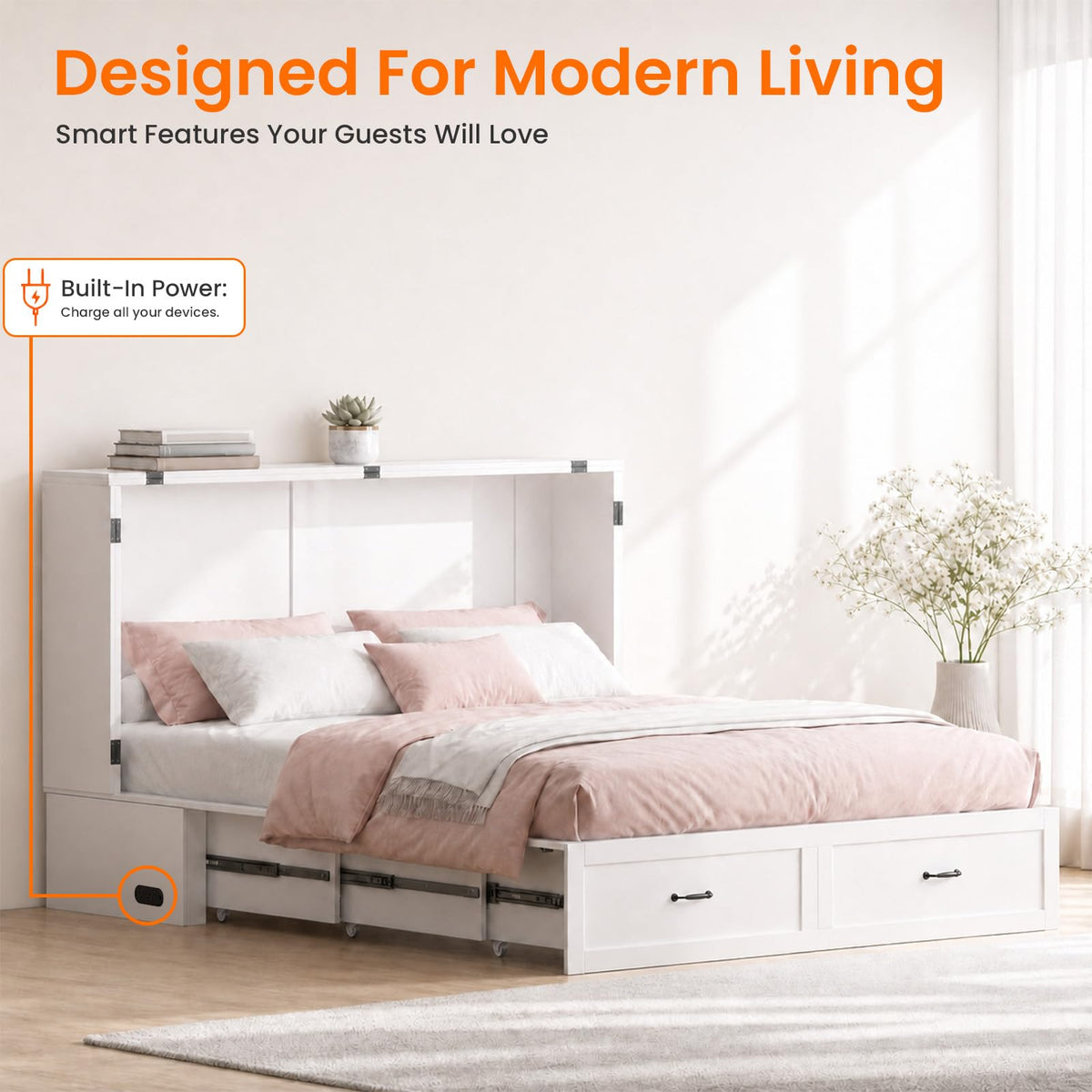 Murphy Bed Queen with Mattress, Storage & Charging Station-White