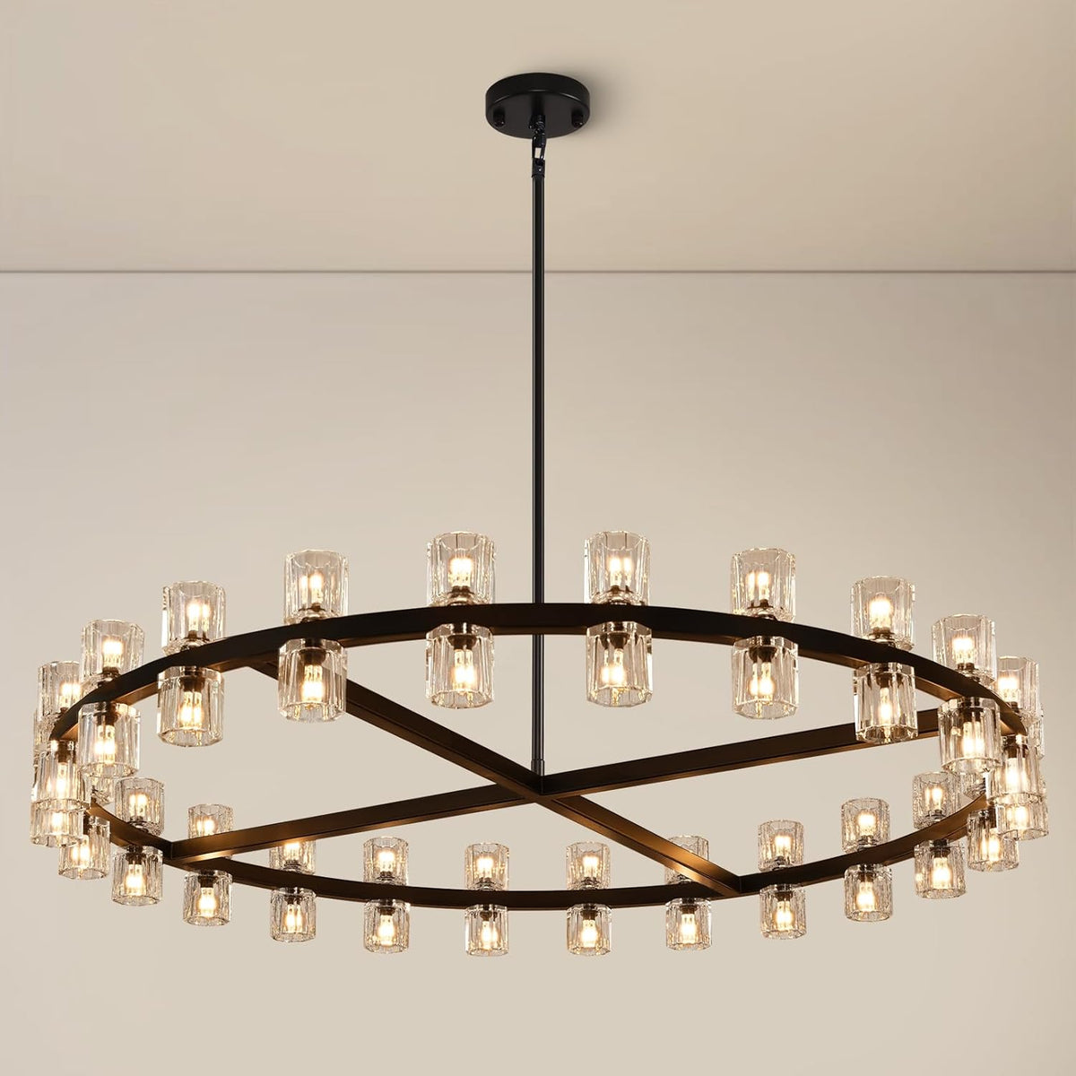Modern Crystal Chandeliers 48in Large Black Round Chandelier, Chandeliers for Dining Room, K9 Crystal Wagon Wheel Chandelier for Living Room,High Ceiling,Foyer,Entryway,Staircase(48xG4 Bulbs Included)