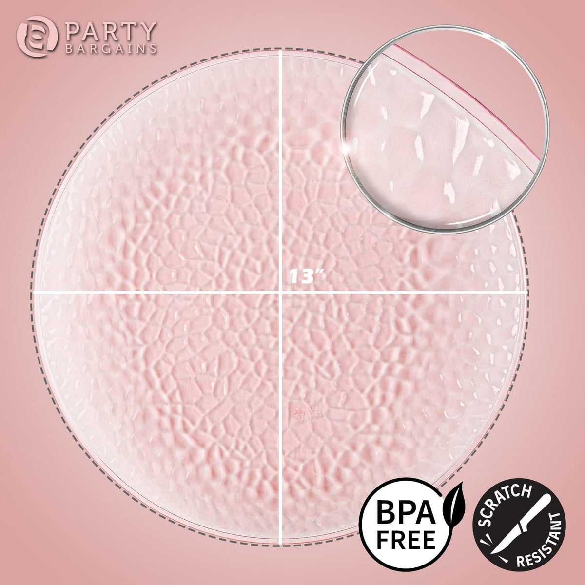 13-Inch Charger Plates - 48 Pack, Hammered Pink, Heavy-Duty Disposable Chargers for Elegant Dining - Ideal for